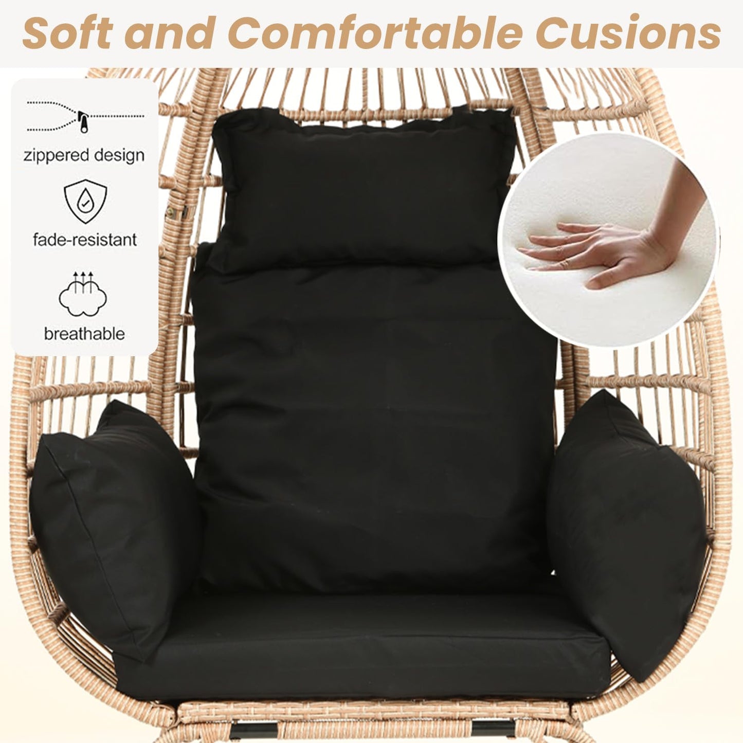 Egg Chair Outdoor Rattan Patio Egg Chair Hand-Woven Oversized Wicker Egg Chair Outdoor Indoor Lounge Chair with Padded Cushions Steel Frame for Living Room Backyard Patio Porch, Black