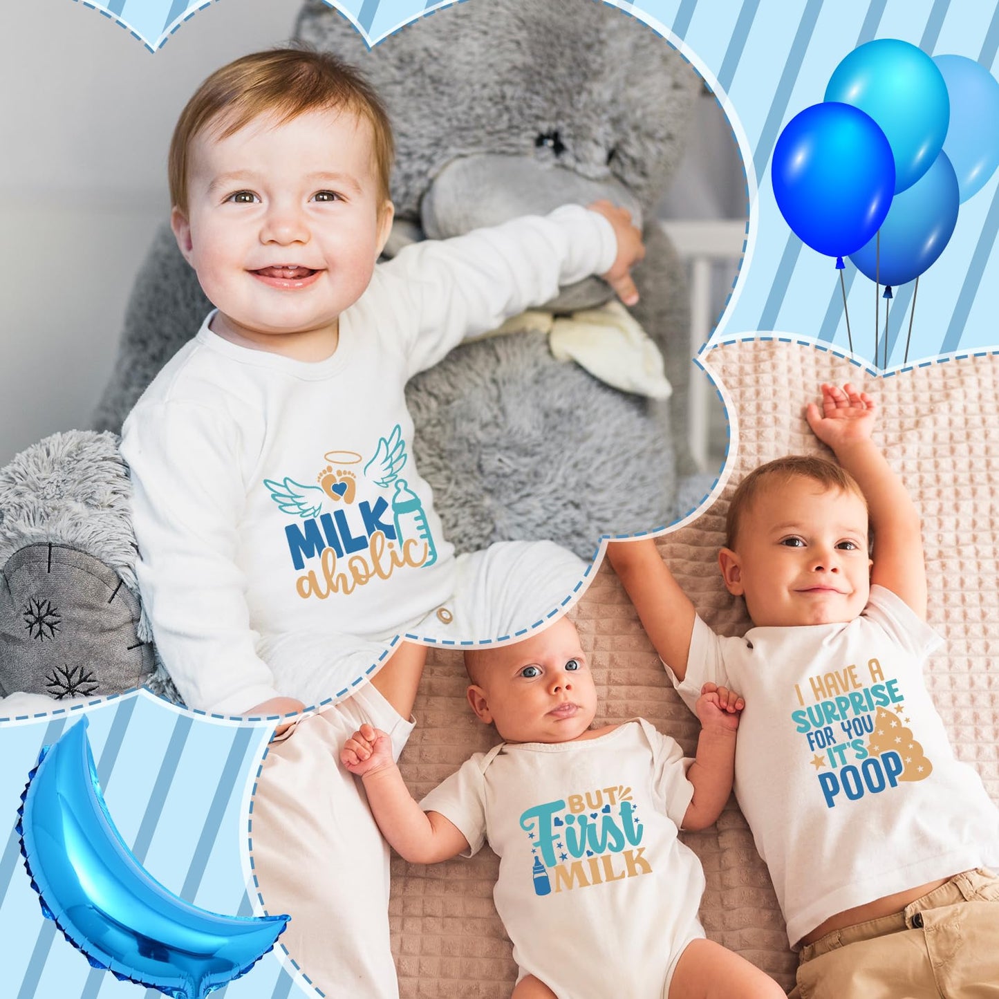 Dazoratix Baby Heat Transfer Stickers - 30 Sheets Ready to Press Blue Iron on Transfers Designs Decals Onesie Decorating Kit for Boys Shower Gender Reveal Party Bodysuit T-Shirts Clothing DIY Applique