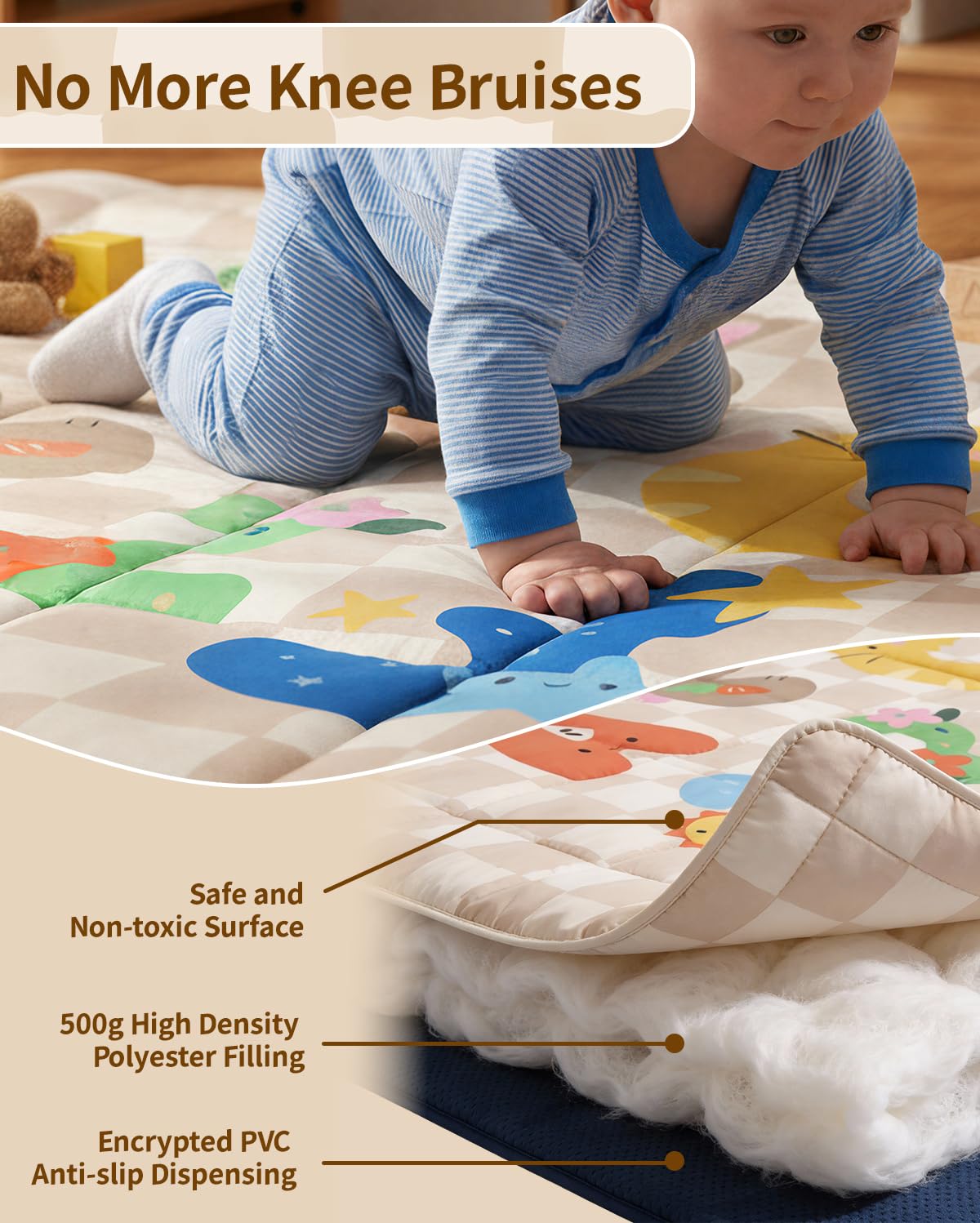 Baby Play Mat, Foldable Play Mats for Floor, 50x50 Inches Crawling Mat for Playpen with Anti-Slip Bottom, Machine Washable, Thicken Padding Foam Playmats for Babies and Toddlers (Sand Checks)