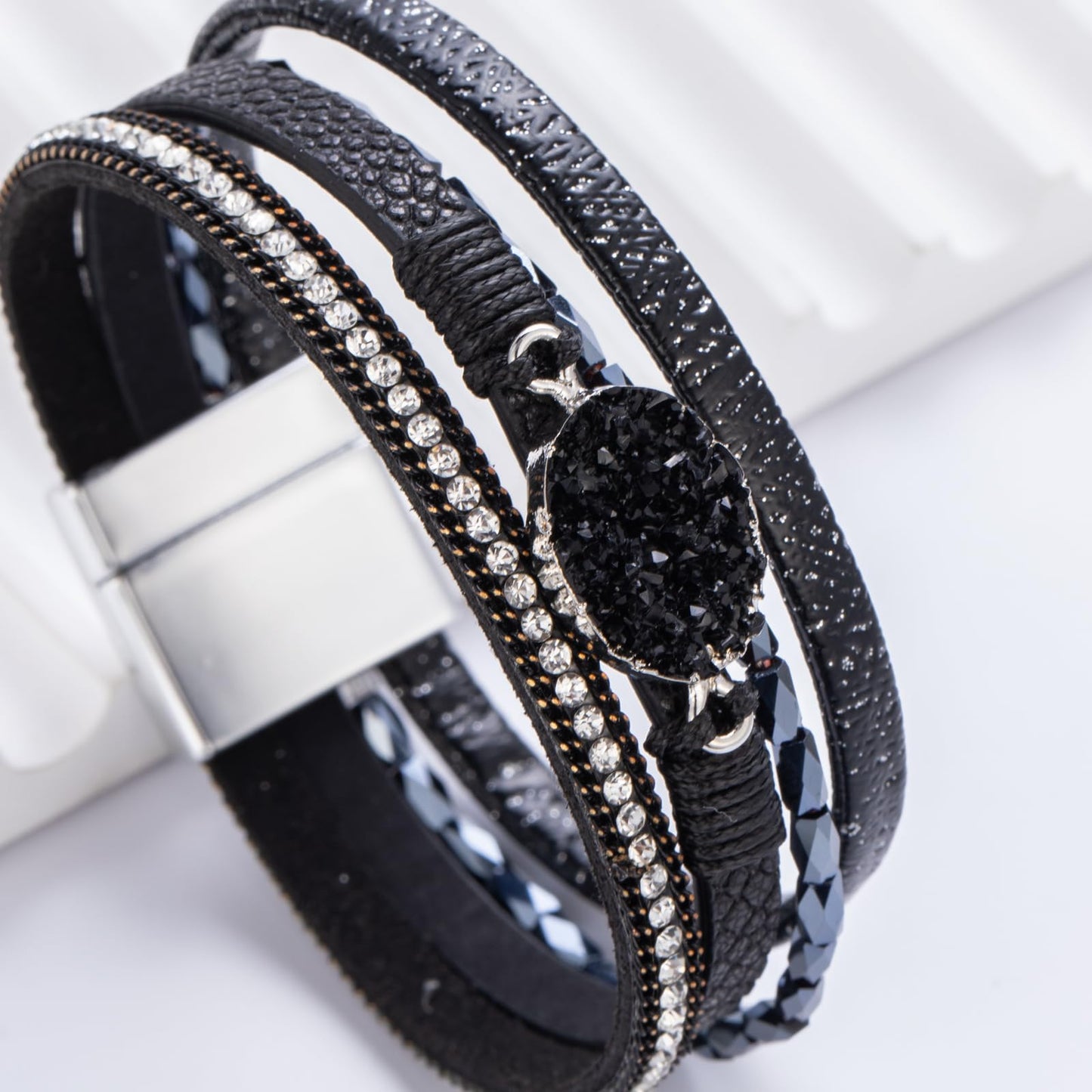 FANCY SHINY Leather Wrap Bracelet Boho Cuff Bangle Bracelets Crystal Bead Bracelet with Magnetic Clasp Trendy Jewelry Gifts for Women (7.7", Black)