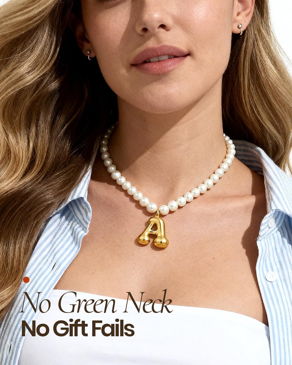 DoDoBeads Pearl Initial Necklace, 18K Gold Plated Stainless Steel Balloon Letter Pendant F, Non-Tarnish Waterproof Chunky Monogram Jewelry Gifts for Women Teens