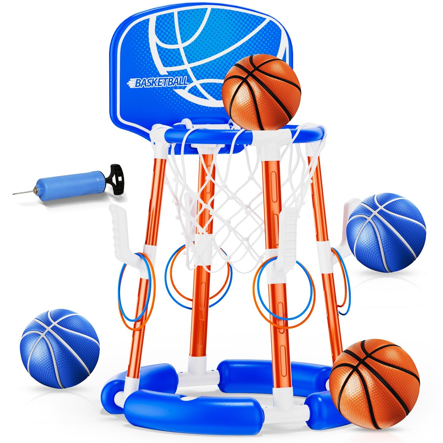 Pool Basketball Hoop with Backboard, Floating Pool Toys for 3-12 Years Old Kids Ring Game with 4 Balls 8 Rings & Pump Outdoor Swimming Pool Basketball Games Water Play Toy Family Party for Kids Adults
