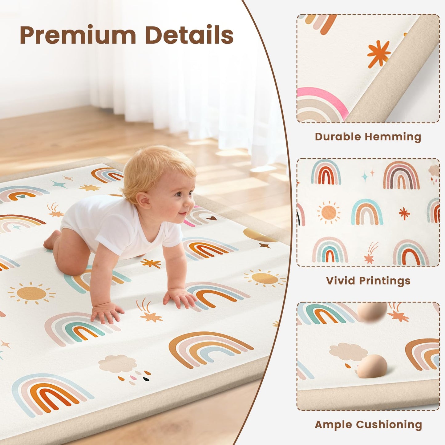 Omedecal 50"×50" Baby Play Mat for Floor & Playpen, 1.2" Thick High-density Foam Nursery Mat for Tummy Time, Soft Plush Carpet with Non-slip Bottom for Infant Toddler Baby Crawling & Playing (Rainbow)