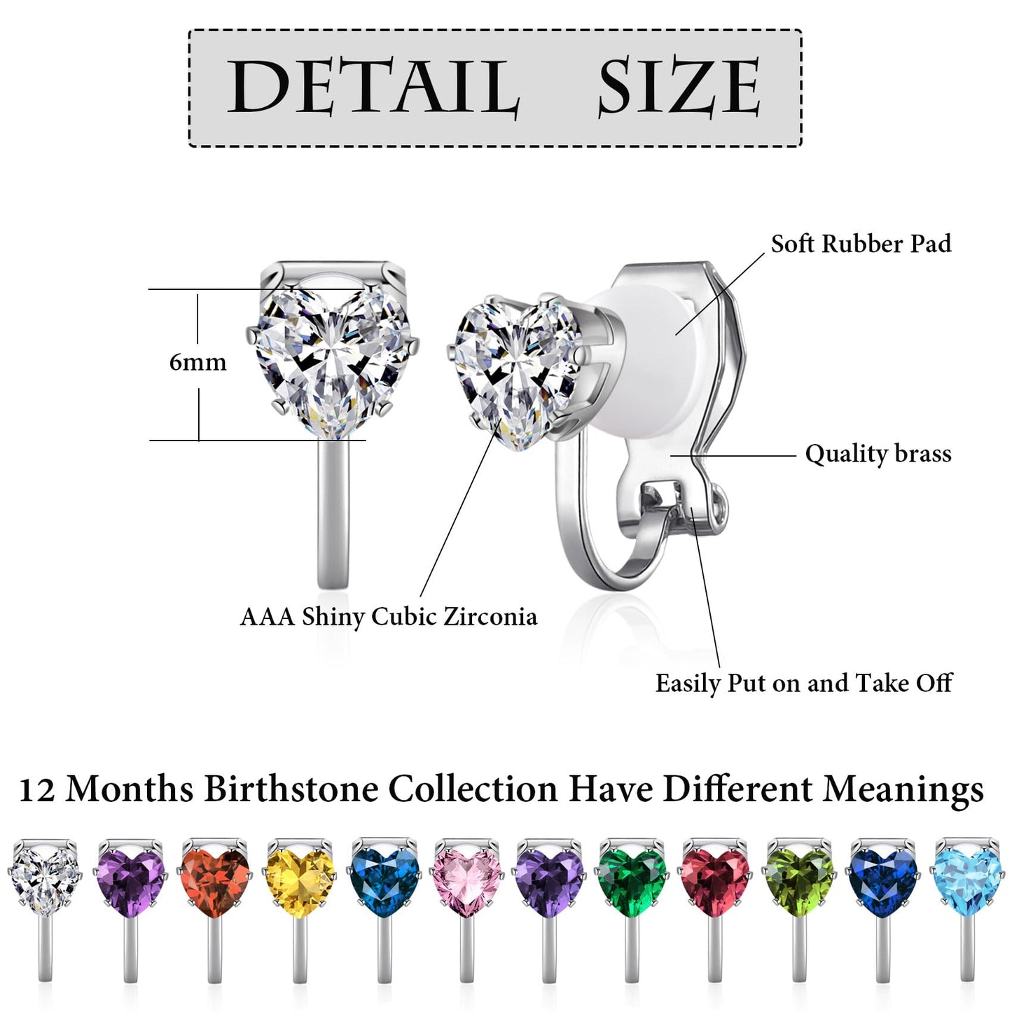 Spiritlele 12 Pairs Birthstone CZ Clip on Stud Earrings Set Heart Cubic Zirconia Clip on Non Piercing Fake Stud Earrings Birthday Gifts Unisex (Love)