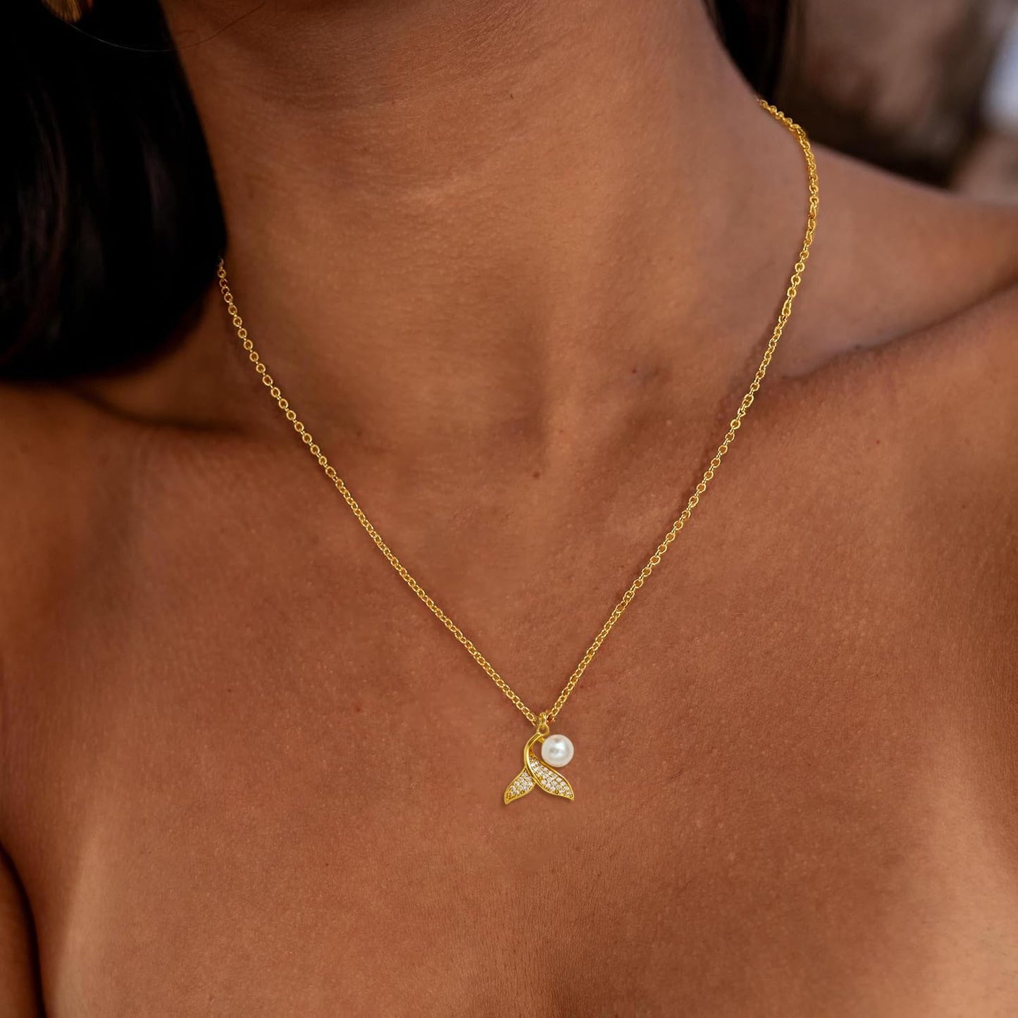 JOBICY Gold Necklaces for Women Trendy, 14k Gold Plated Fishtail Choker Pendant Necklace Dainty Gold Pearl Necklace for Women Beach Necklace Waterproof Summer Jewelry Gifts