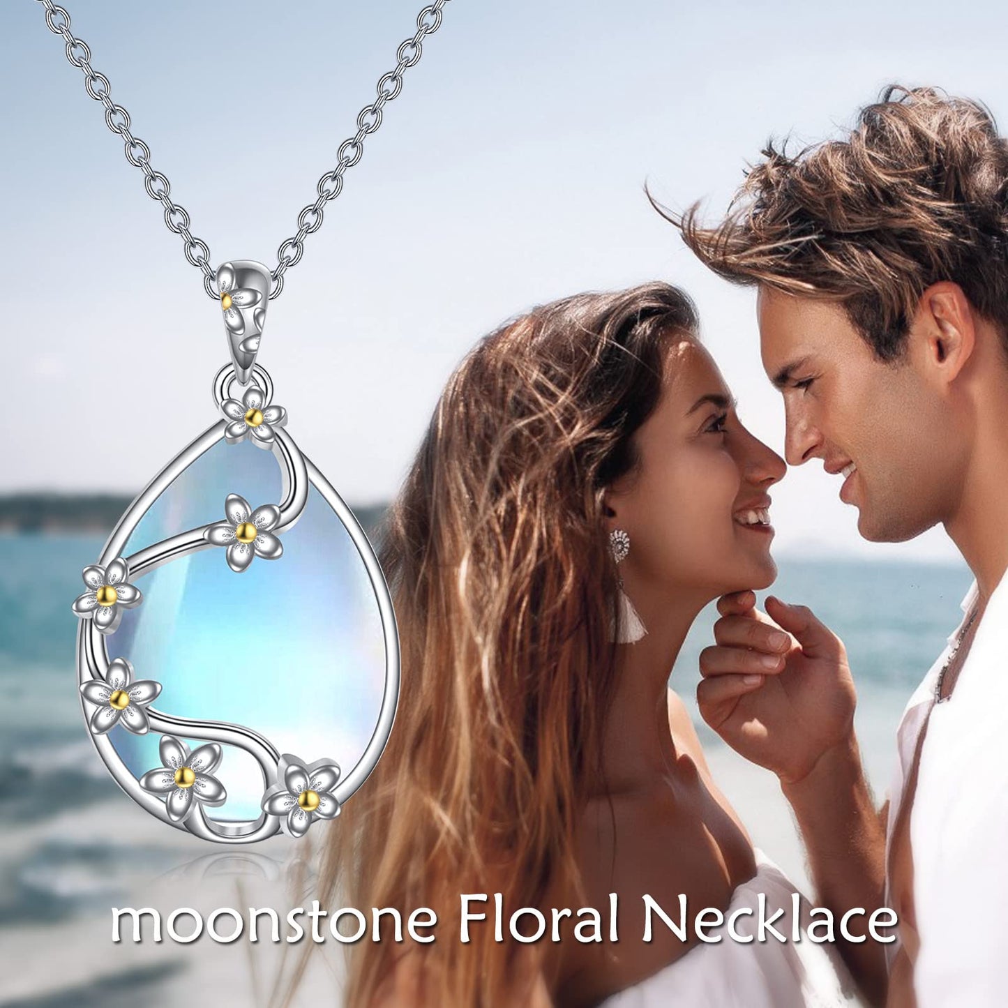 YAFEINI 925 Sterling Silver Moonstone Necklace Filigree Teardrop Flower Pendant Necklace Jewelry for Women (H-Moonstone flower necklace)