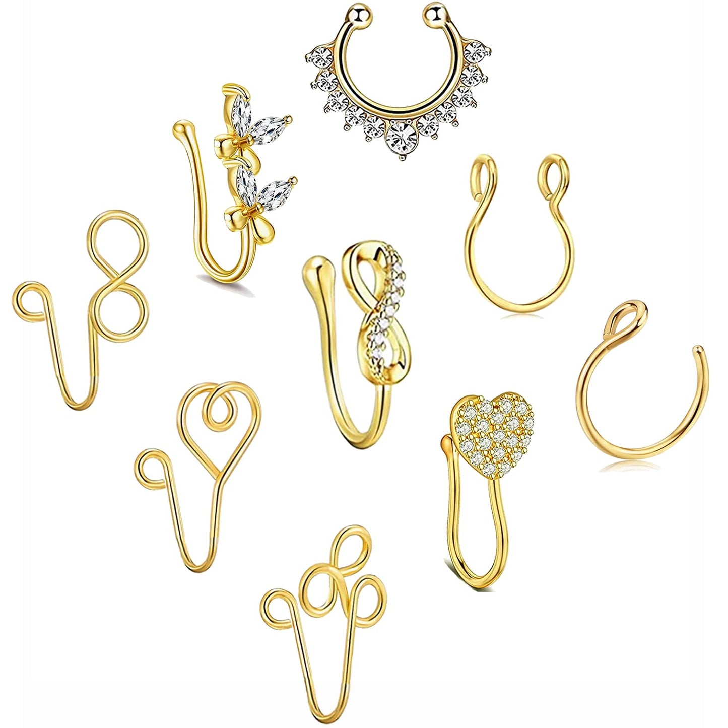 VitaCool Fake Nose Rings Faux Non Piercing Nose Cuffs for Non Pierced Nose Fake Septum Ring Spring Clip on Ring for Women Men (T0-9pcs-Gold)