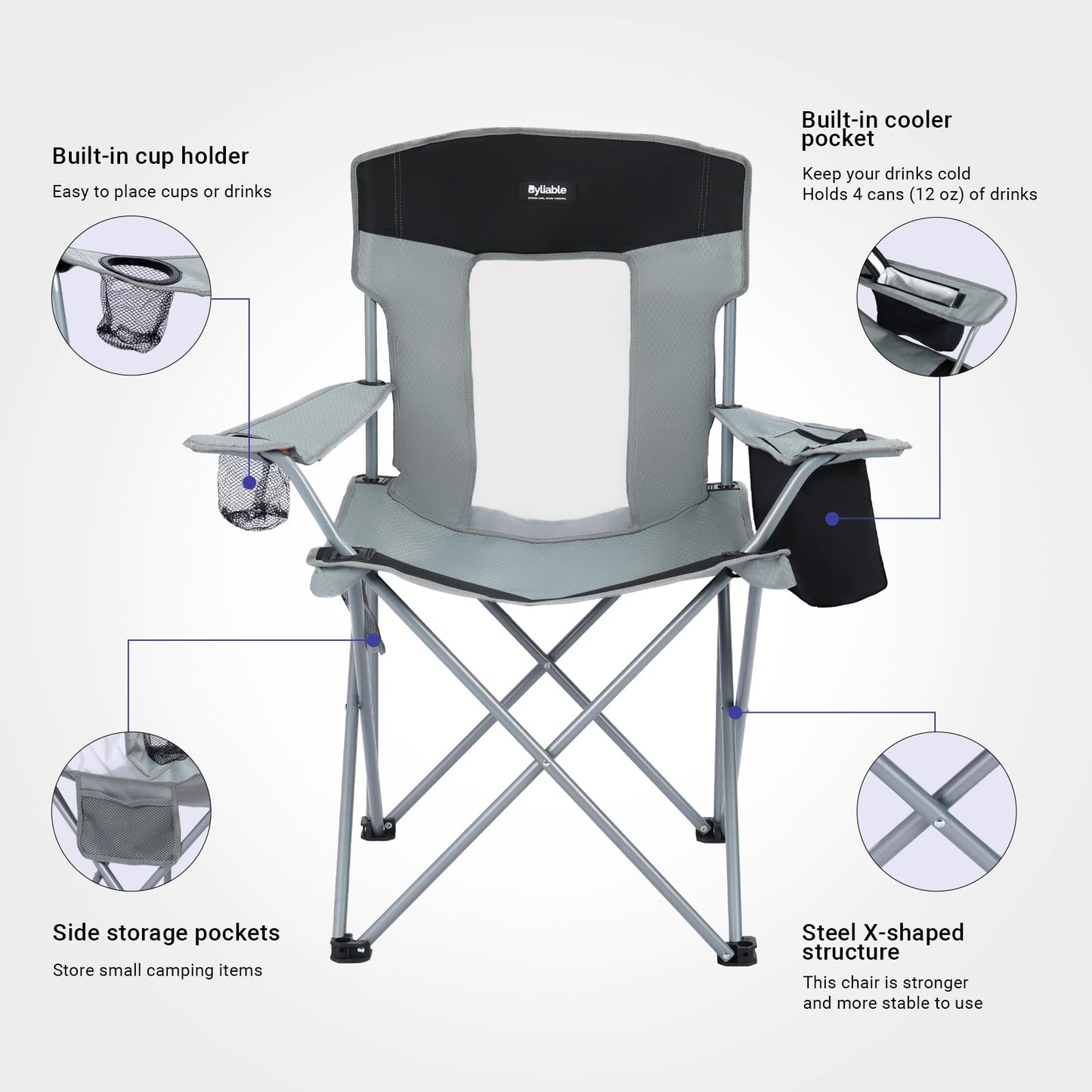 Byliable Camping Chairs Lawn Portable Foldable Camp Folding Lightweight Chair for Adults with Drink Holder and Cooler Pouch Outdoor for Camping, Lawn, Sports, Picnic, Music Festival, Gray Black