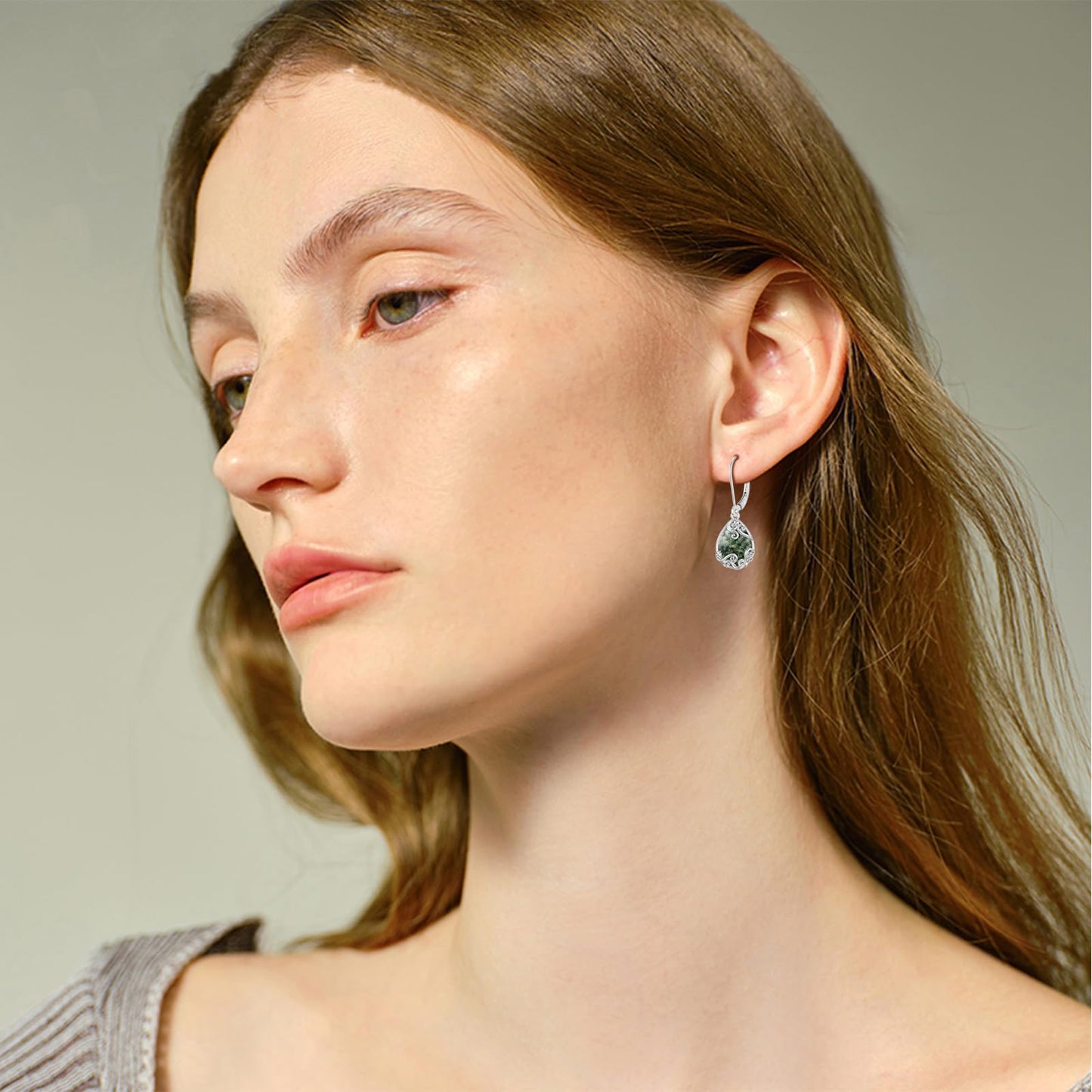 KoyeKei Moss Agate Filigree Leverback Earrings for Women 925 Sterling Silver Moss Agate Teardrop Dangle Drop Earrings Jewelry Filigree Gradution Gifts for Daugther Sister Girlfriend