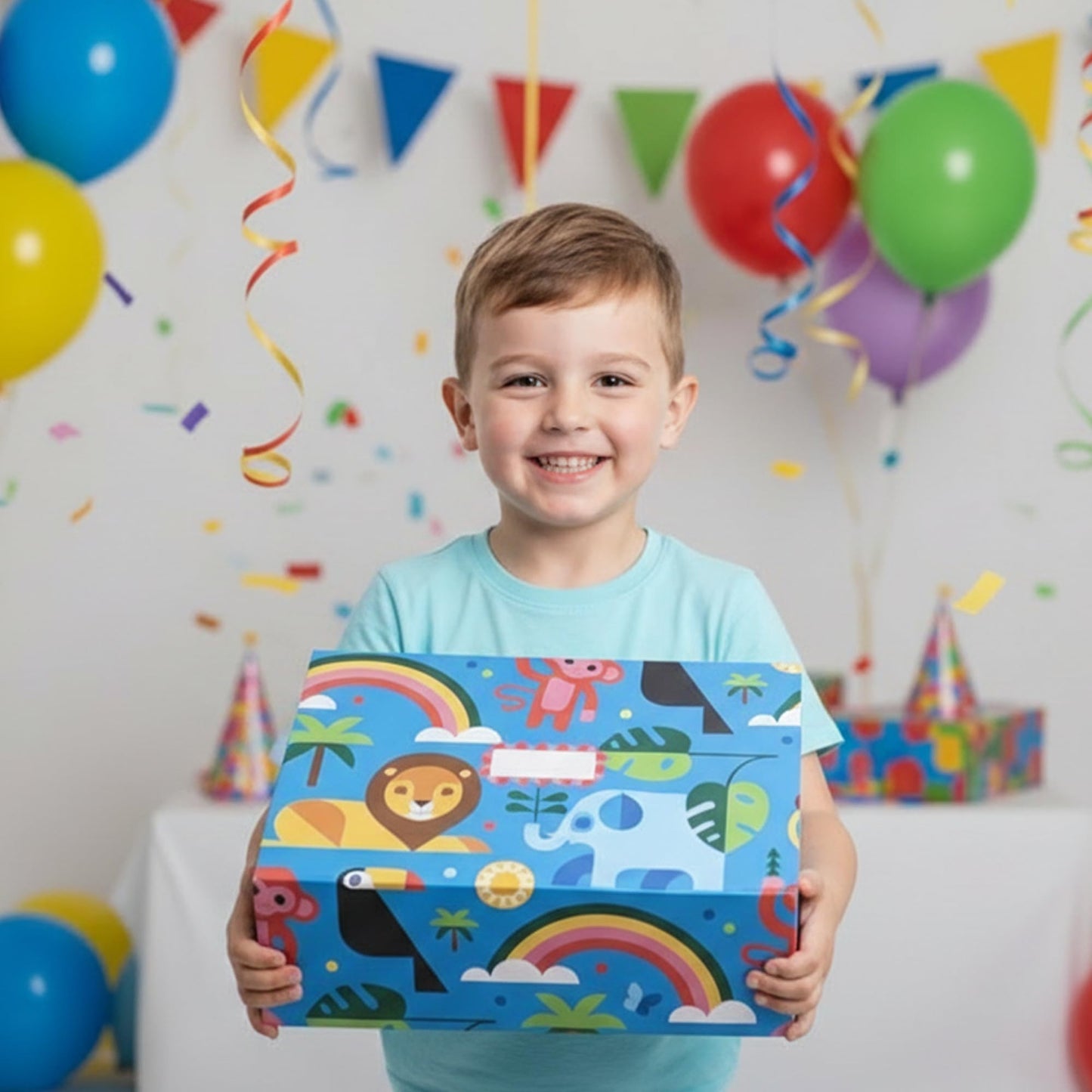 Sorarto Birthday Box for Kids – Jungle Animal Memory Box for Keepsakes with Magnetic Lid – Sturdy Decorative Gift Box for Boys & Girls (Lion, Elephant, Rainbow) – 11.5" x 7.5" x 3.5"