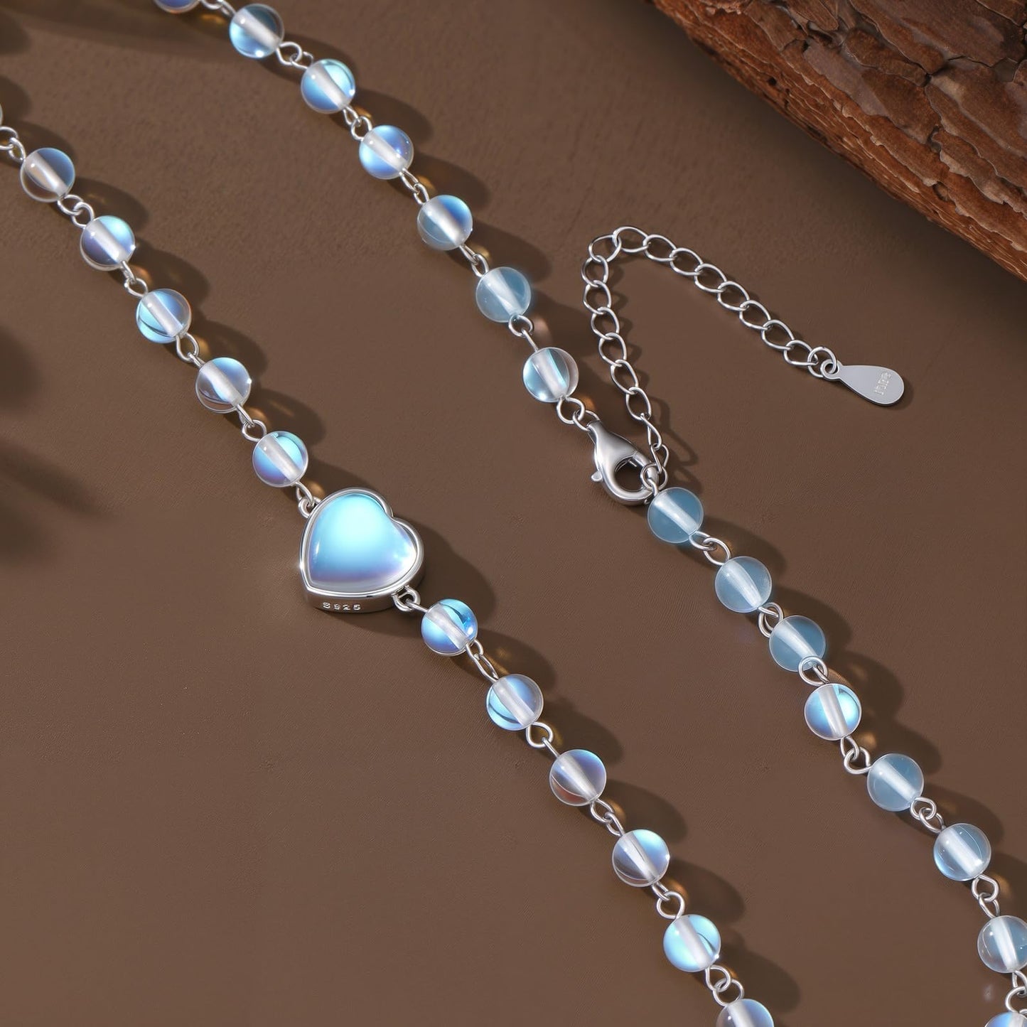 OUTANG Moonstone Beaded Necklace for Women 925 Sterling Silver Heart Choker Necklace Ladies Jewelry Gifts