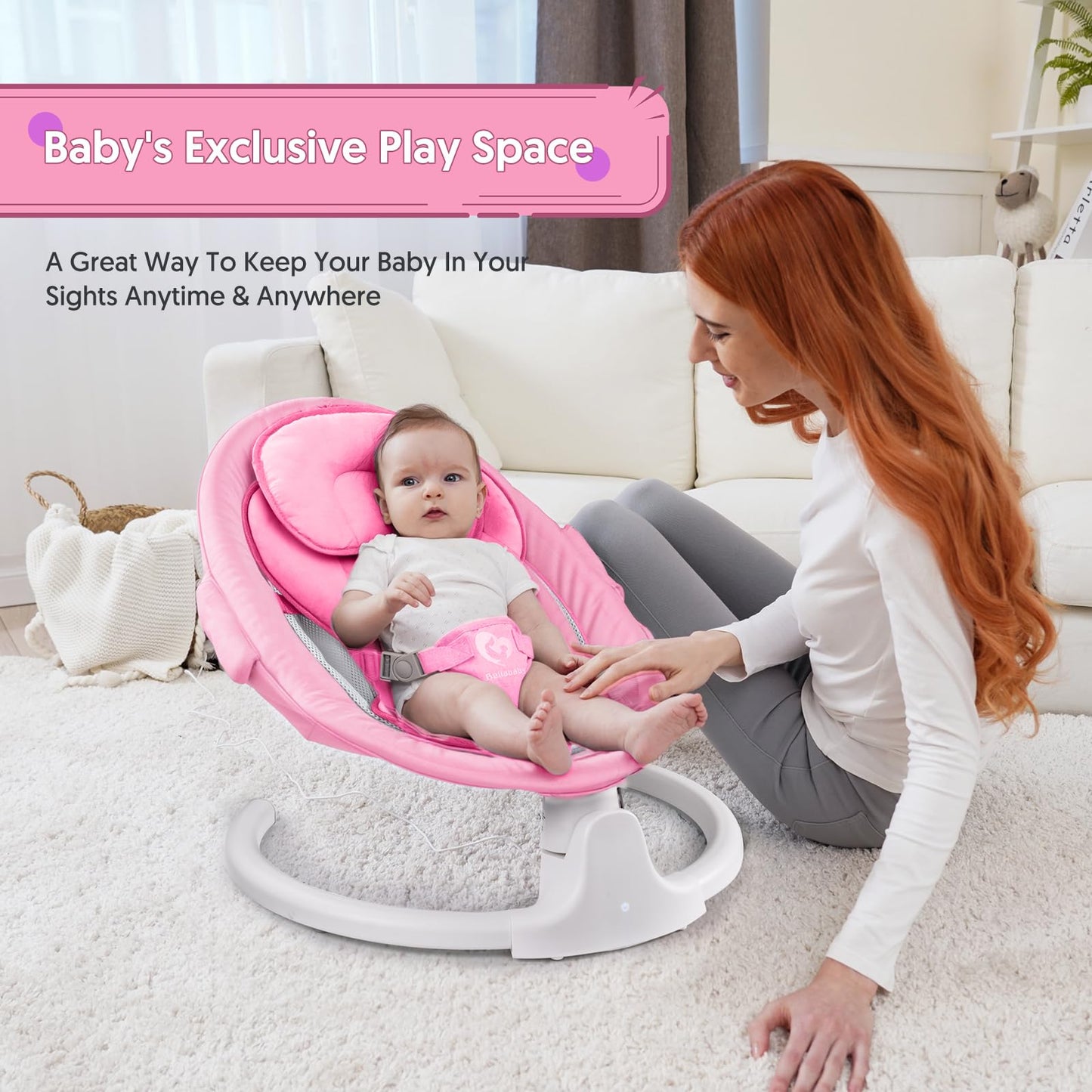 Bluetooth Baby Swing for Infants, Compact & Portable Pink Baby Girl Swing, 3 Seat Positions, 5 Swing Speed, 10 Music, Remote Control, Plug-in Power, Reversible Cushion, mecedora eléctrica para Bebe