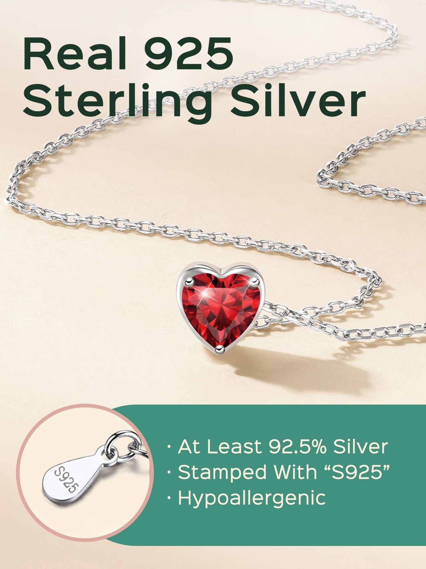 ChicSilver Garnet Necklace January Birthstone Necklace 925 Sterling Silver Love Heart Red Necklaces for Women