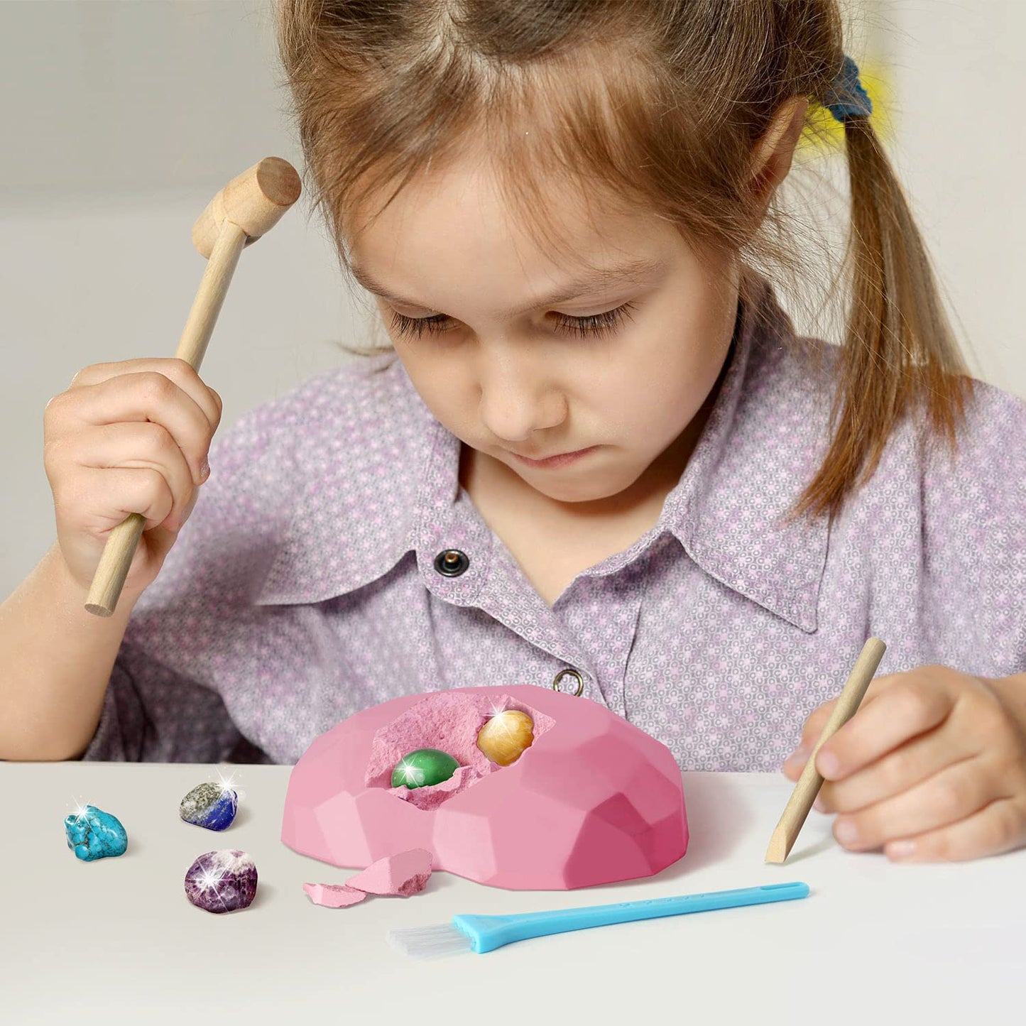 EDUMAN 6PCS Gemstone Dig Kit for Kids – Dig Up Amethyst, Lapis Lazuli, Citrine, Red Jasper, Aventurine & Turquoise – DIY Jewelry Making STEM Science Kit Gift for Girls and Boys Ages 6+