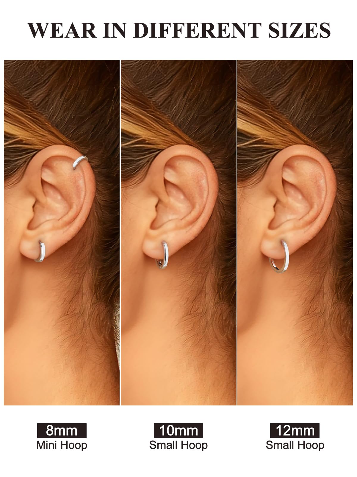 SILVERCUTE 925 Sterling Silver Huggie Hoop Earrings for Women,Hypoallergenic Small Silver Hoop Earring Cartilage Earring Lightweight Huggies Earrings for Women,8/10/12mm