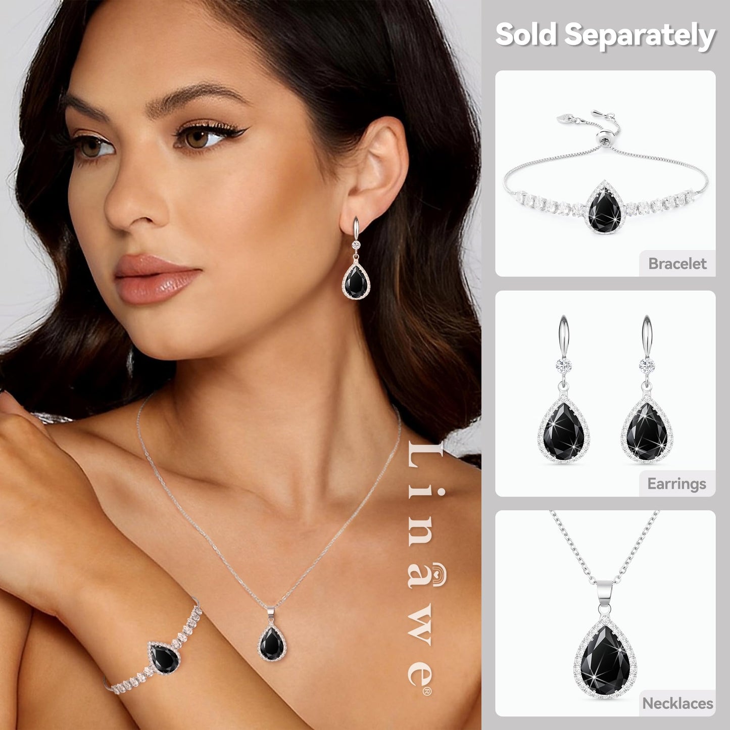 Linawe Black Crystal Silver Chain Pendant Necklace for Women Trendy, Imitation Diamond Cubic Zirconia Birthstone Rhinestone Teardrop Boho Necklace, Costume Jewelry Preppy