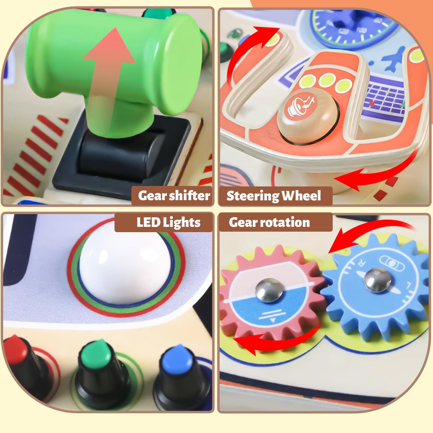 Teekdeer Montessori Busy Board for Toddlers 2-4,Wooden Sensory Steering Wheel Toys with LED Light Switch,Travel Toy Educational Fidget Activity Board for Boys and Girls Gift