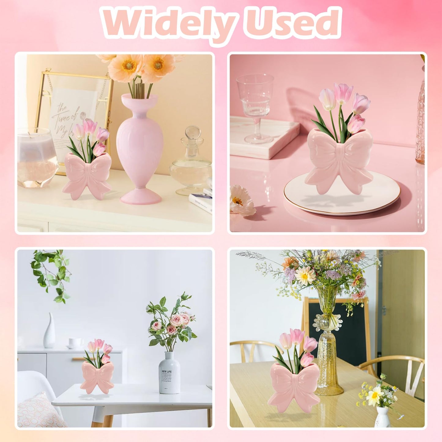 Coquette Vase Bow Ceramic Pen Holder Makeup Brush Holder, Contemporary Design Decorative Women Gifts for Home Office Shelf Table Living Room Classic Pink