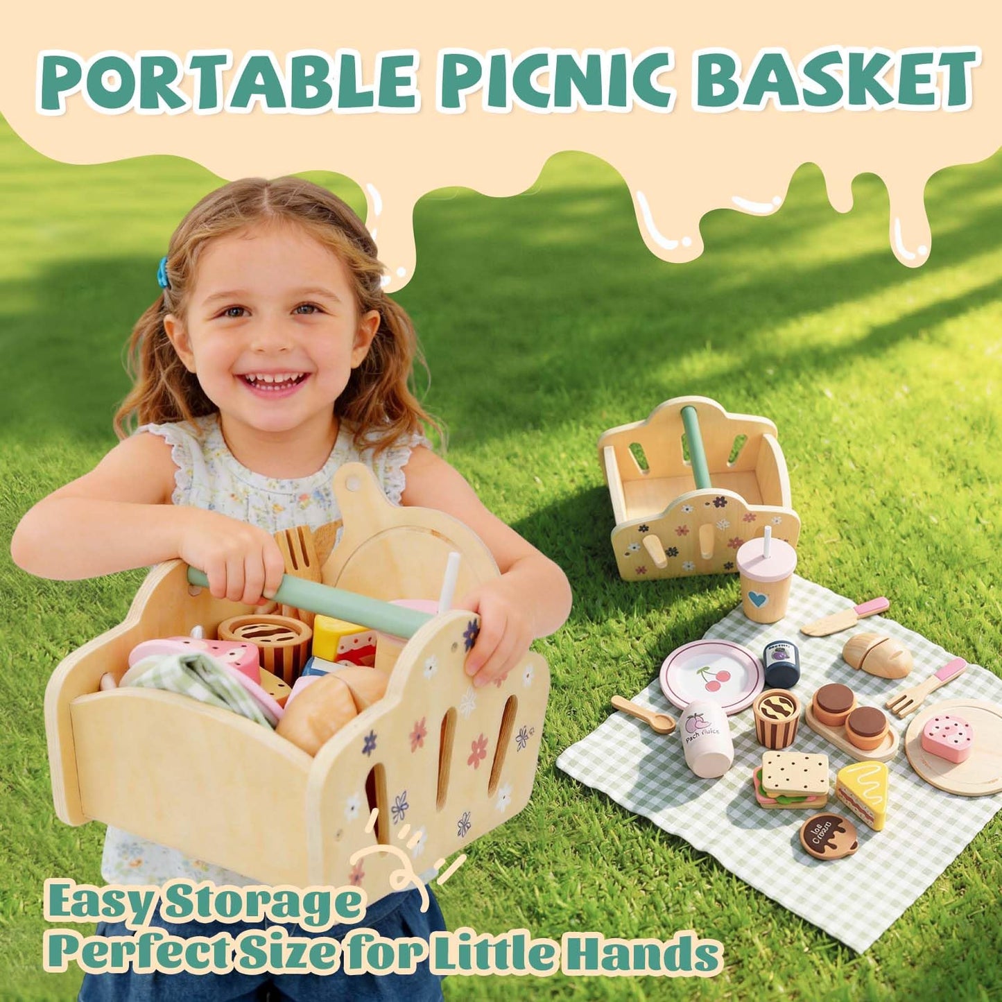Potatomato Wooden Picnic Playset for Toddlers - 25+ Pcs Play Food Set with Cutting Desserts&Functional Basket - Montessori Pretend Play Kitchen Accessories-Birthday Gift for Girls Boys