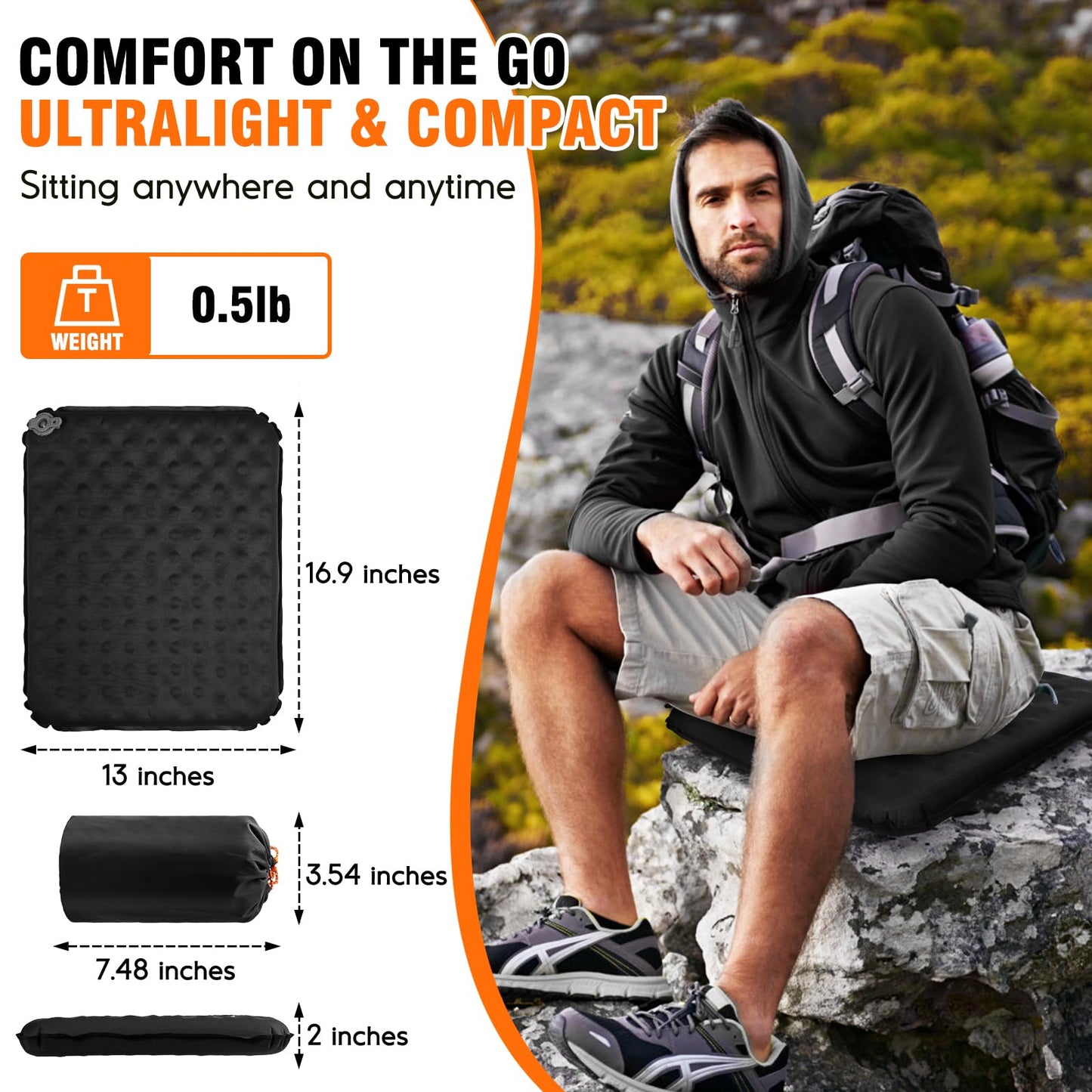 GDREAMT Inflatable Seat Cushion, Self-Inflating Memory Foam Stadium Seats Cushion Lightweight & Compact Chair Sitting Pad Airplane Cushion for Long Flight Travel Outdoor Camping Car Bleachers Office