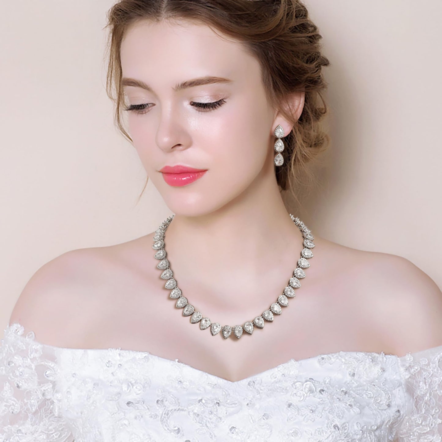EleQueen Women's Wedding Bridal Full Prong Cubic Zirconia Teardrop Necklace Earrings Set for Brides Bridesmaids Clear Color
