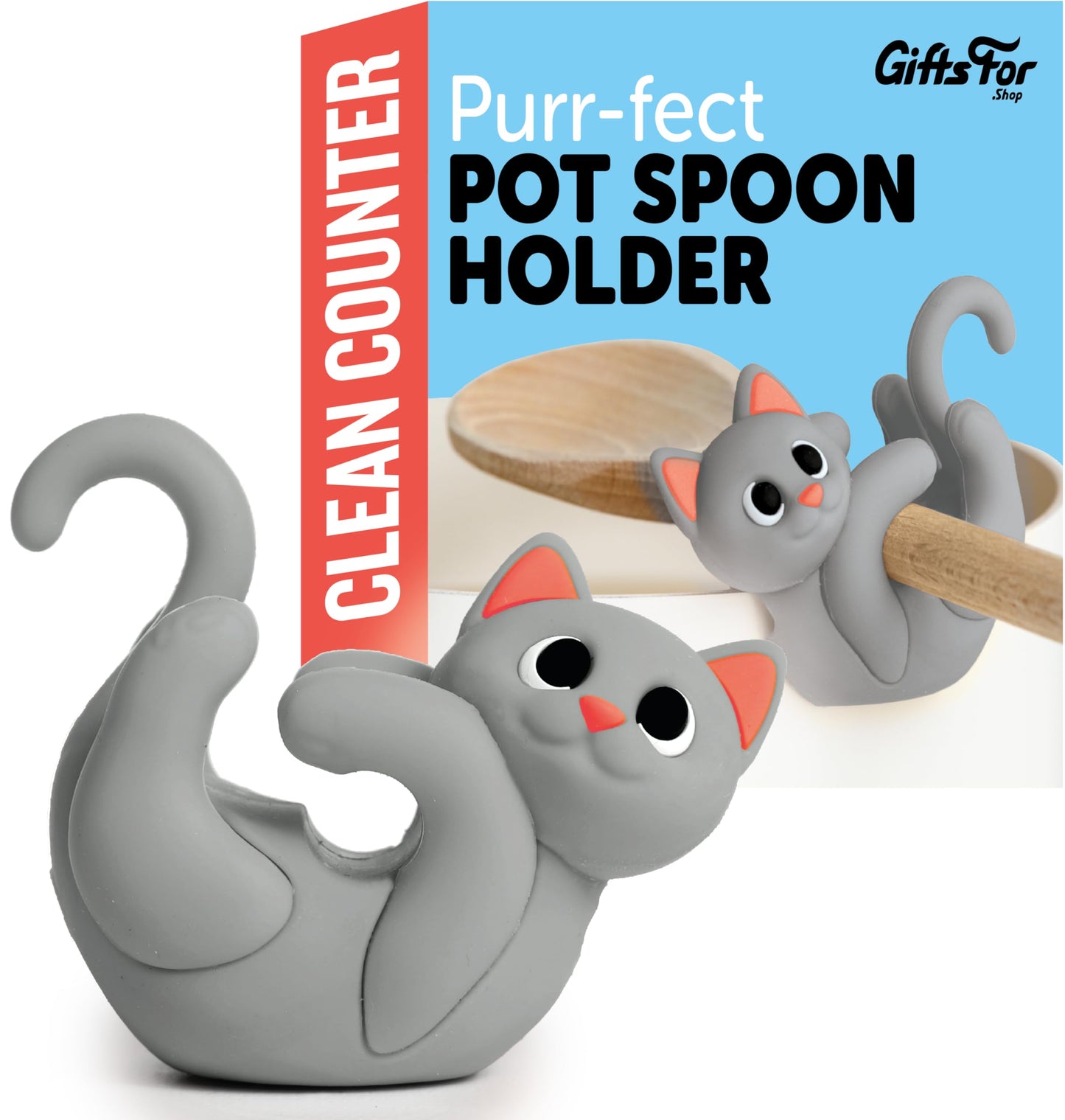 Gray Cat Spoon Rest for Stove Top – Silicone Pot Clip Utensil Holder & Lid Lifter – Funny Kitchen Gadget, Unique Grey Tabby Cat Gifts for Women – 3" x 2.5"