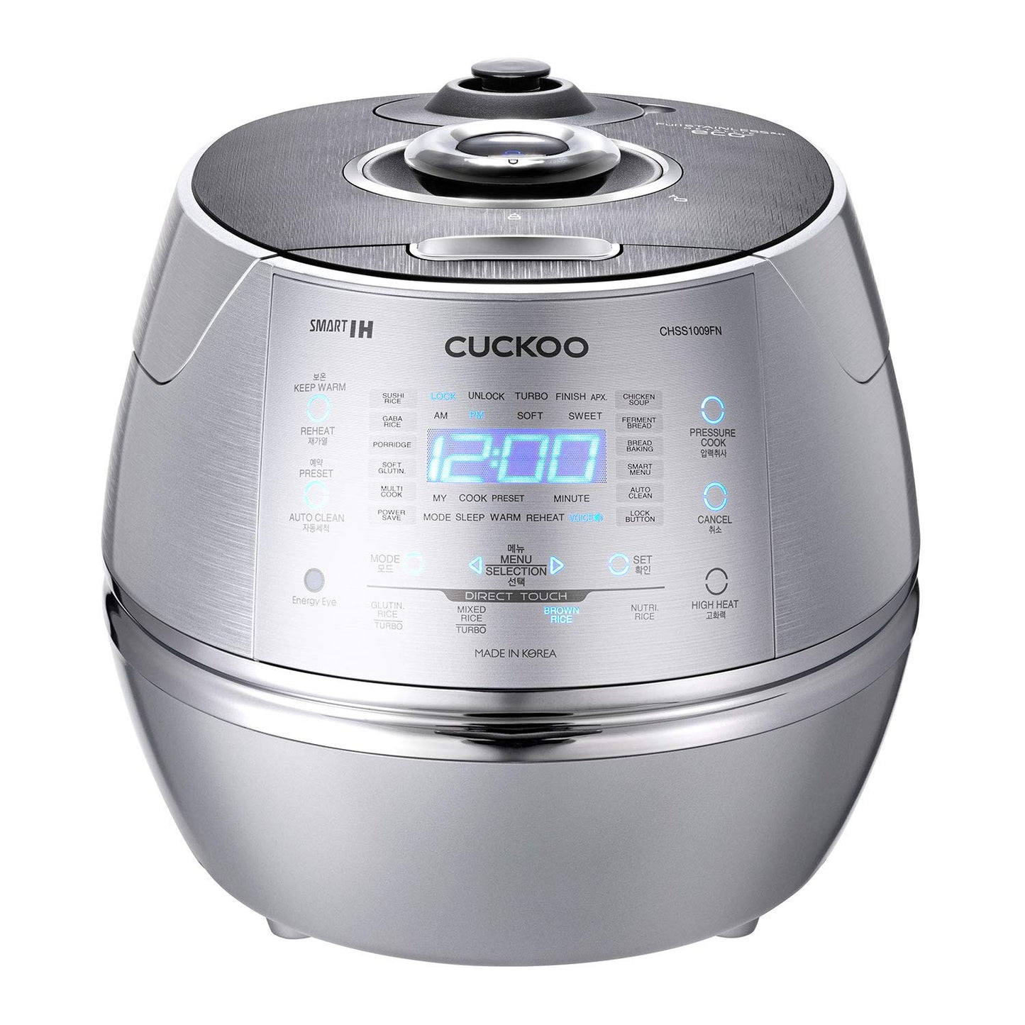 CUCKOO High Pressure Rice Cooker 10-Cup Uncooked / 20-Cup Cooked with Induction Heating Technology, Large Rice Maker with 17 Menu Options and Steam Plate, Voice Guide, Silver (CRP-CHSS1009FN)