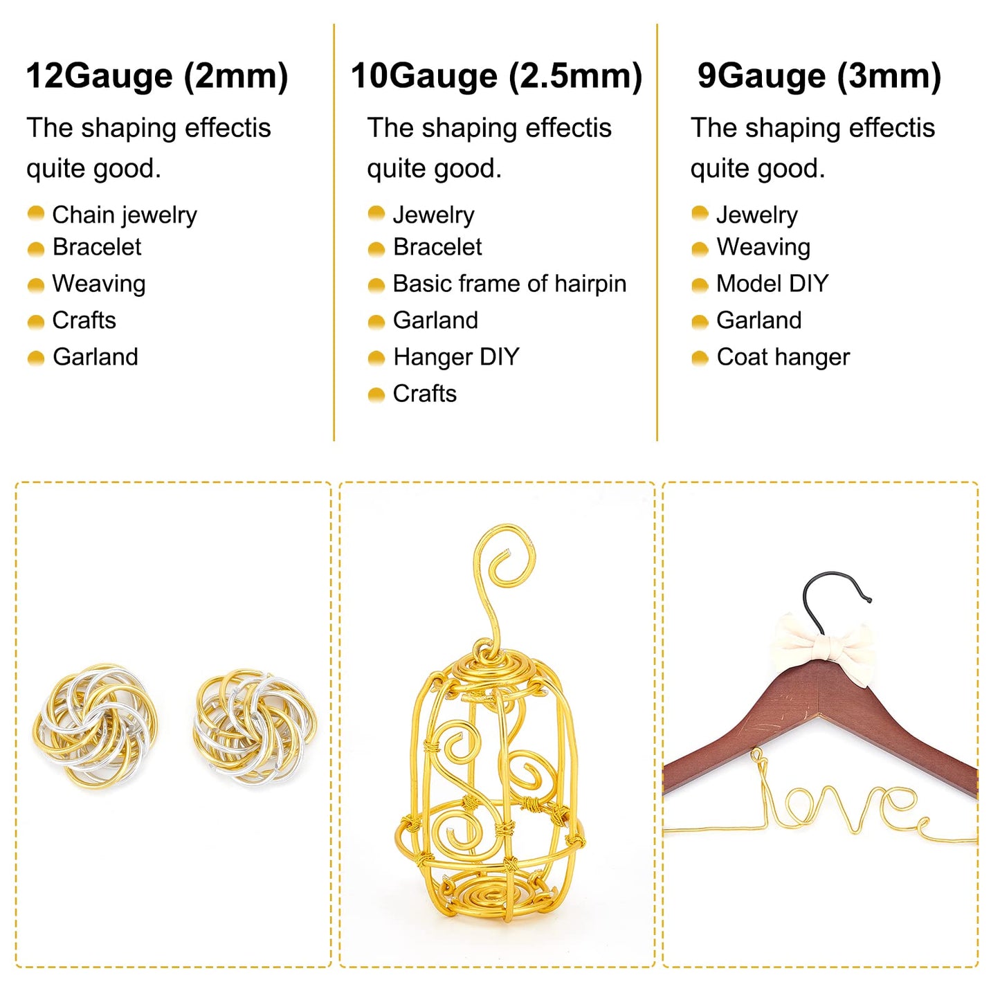 BENECREAT 12 17 18 Gauge Aluminum Wire (12 Gauge 100FT) Anodized Jewelry Craft Making Beading Wire Floral Gold Color Craft Wires for Air Plant Gardening, Model Making