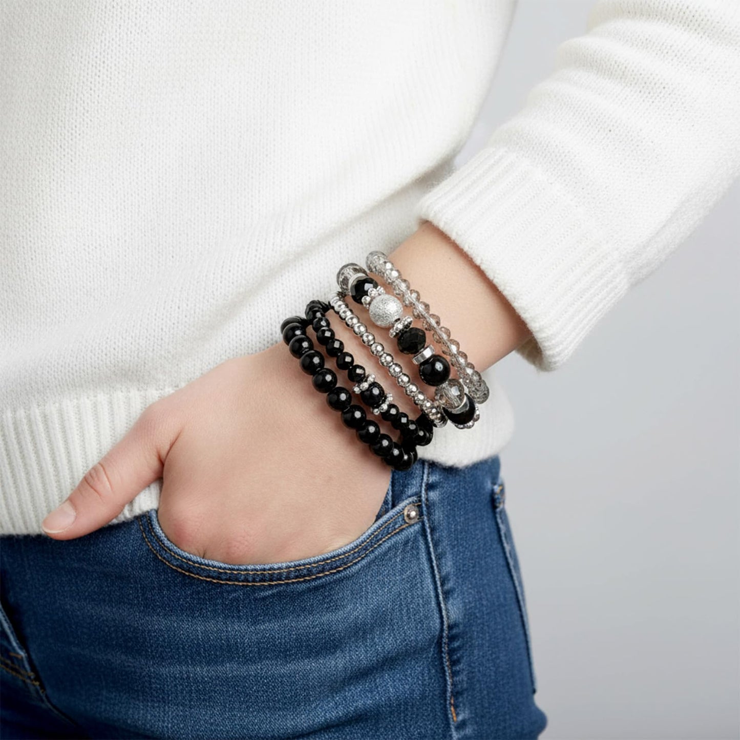 Ouligay 5 PCS Black Beaded Bracelets for Women Men Stackable Bracelet Gothic Crystal Bead Bracelets Stretch Layering Bracelet Anxiety Stress Relief Jewelry Gifts