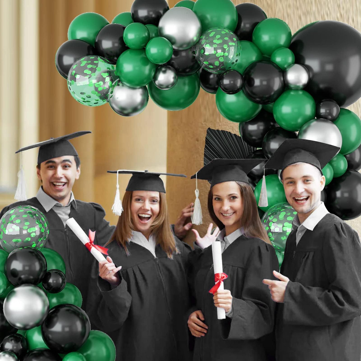 Black Green Balloon Garland,BTZO Balloons Arch Kit With Metallic Silver Confetti Balloon,Black and Green Balloons for Birthday Wedding Bridal Shower Graduations Party Decorations
