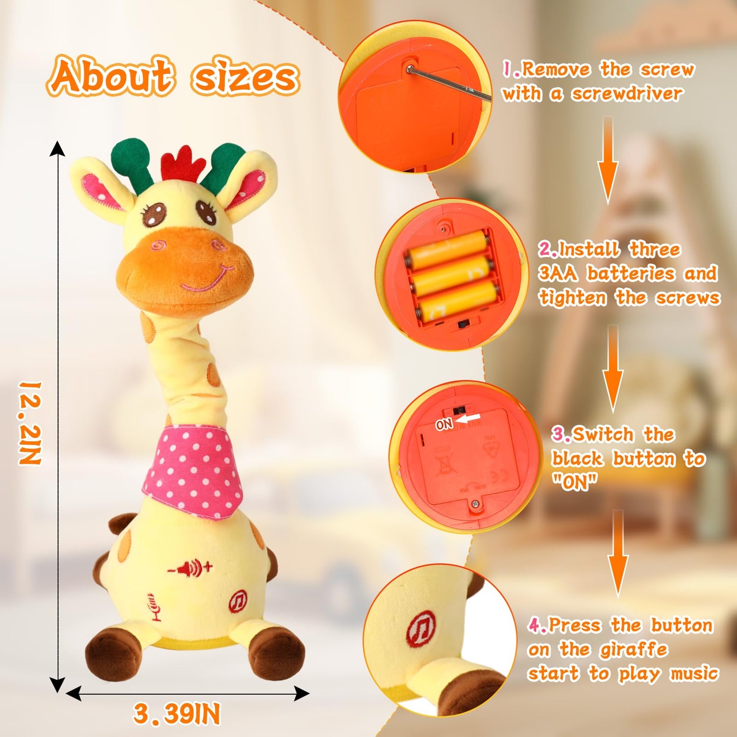 LUKETURE Dancing Talking Giraffe Toy Stuffed Plush, Cute Interactive Talking Giraffe Gift for Girls Boys Kids, Musical Baby Toys Singing 10 Children's Song Repeats What You Say