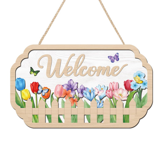 HOURIA 3D Welcome Front Door Sign (11.4”x7”),Floral Butterfly Garden Sign,Colorful Tulip Flower Wreath Sign,Spring Summer Decorations for Home Office Indoor Outdoor