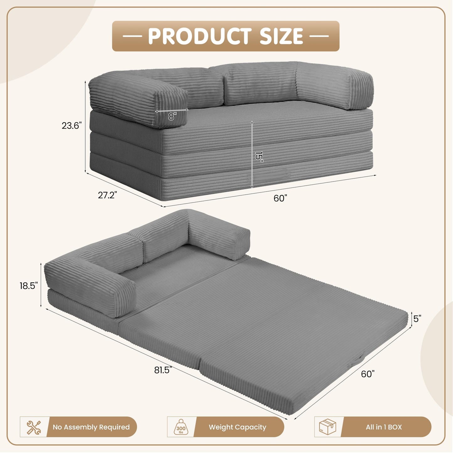 5-in-1 Convertible Sofa Bed,60" Boneless Couch Tri Folding Floor Mattress with Removable L-Shaped Armrests & Handle,Corduroy Futon Couch Sleeper with Pull Out Bed for Living Room Bedroom Apartment