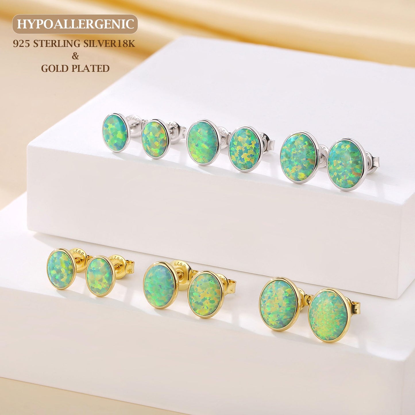 JiayangJY Silver Green Fire Opal Stud Earrings for Women Sterling Silver Oval Shape 6mm Opal Earrings with Push Back