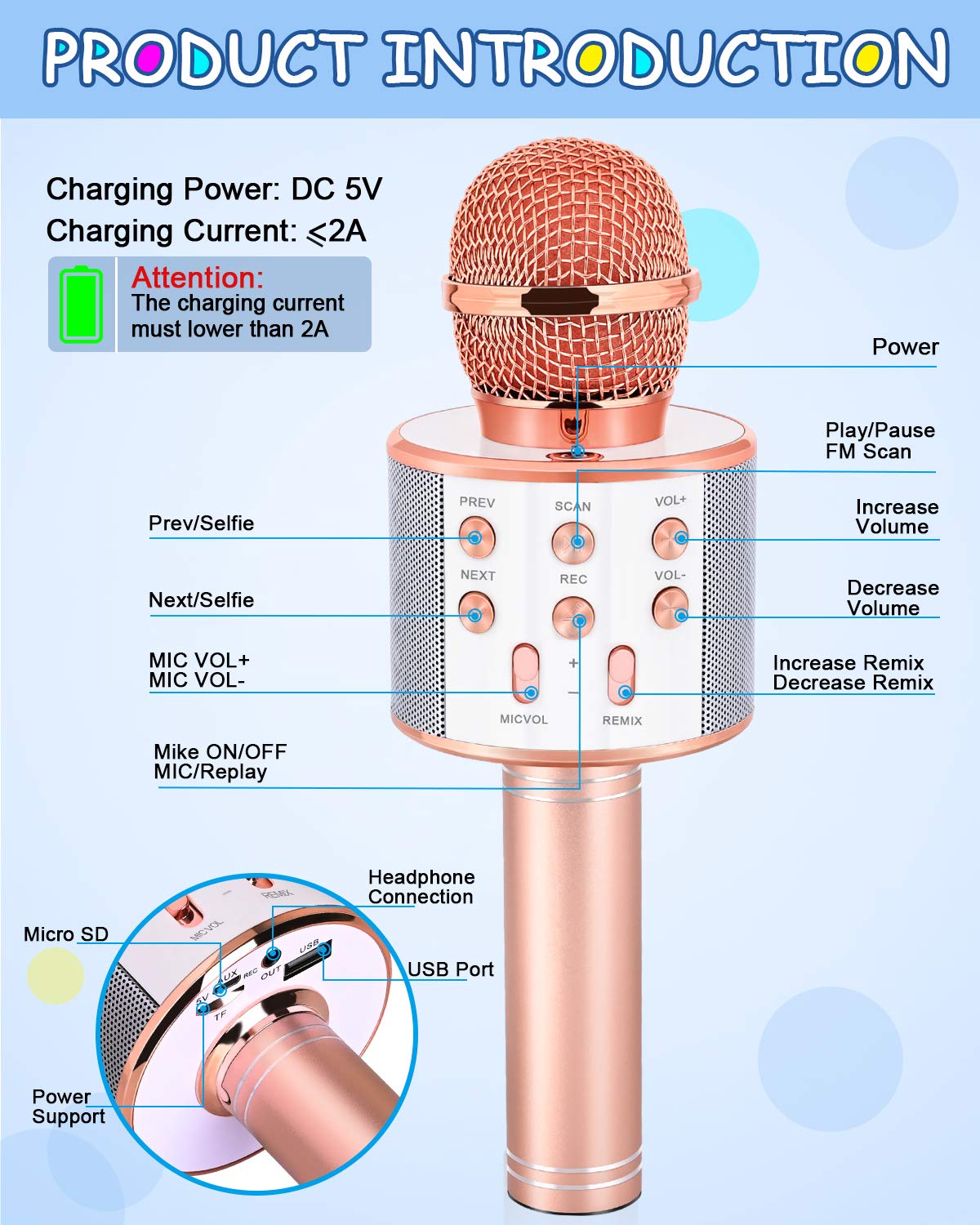 Dodosky Toys for Girls Age 5-12, Wireless Bluetooth Karaoke Microphone for Kids Popular Toys for 5 6 7 8 9 10 11 12 Year Olds Girls Boys Best Gifts for 5-12 Year Olds Girl Boy Teen - Champagne