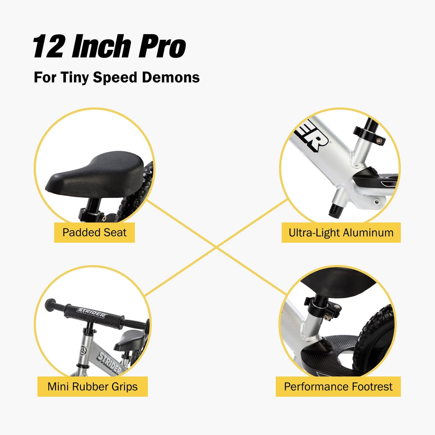 Strider 12” Pro Bike, Silver - No Pedal Balance Bicycle for Kids 1 to 4 Years - Includes Safety Pad, Padded Seat, Mini Grips & Flat-Free Tires - Tool Free
