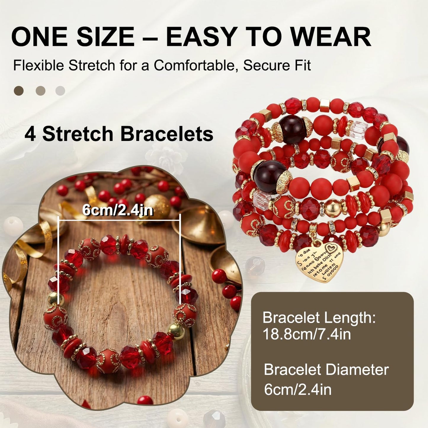 Ysenchan Bohemian Bracelet Set for Women, 4 Pcs Beaded Stackable Bracelets with Heart Charm, Stretch Bracelets, Boho Jewelry Gift – [Red]
