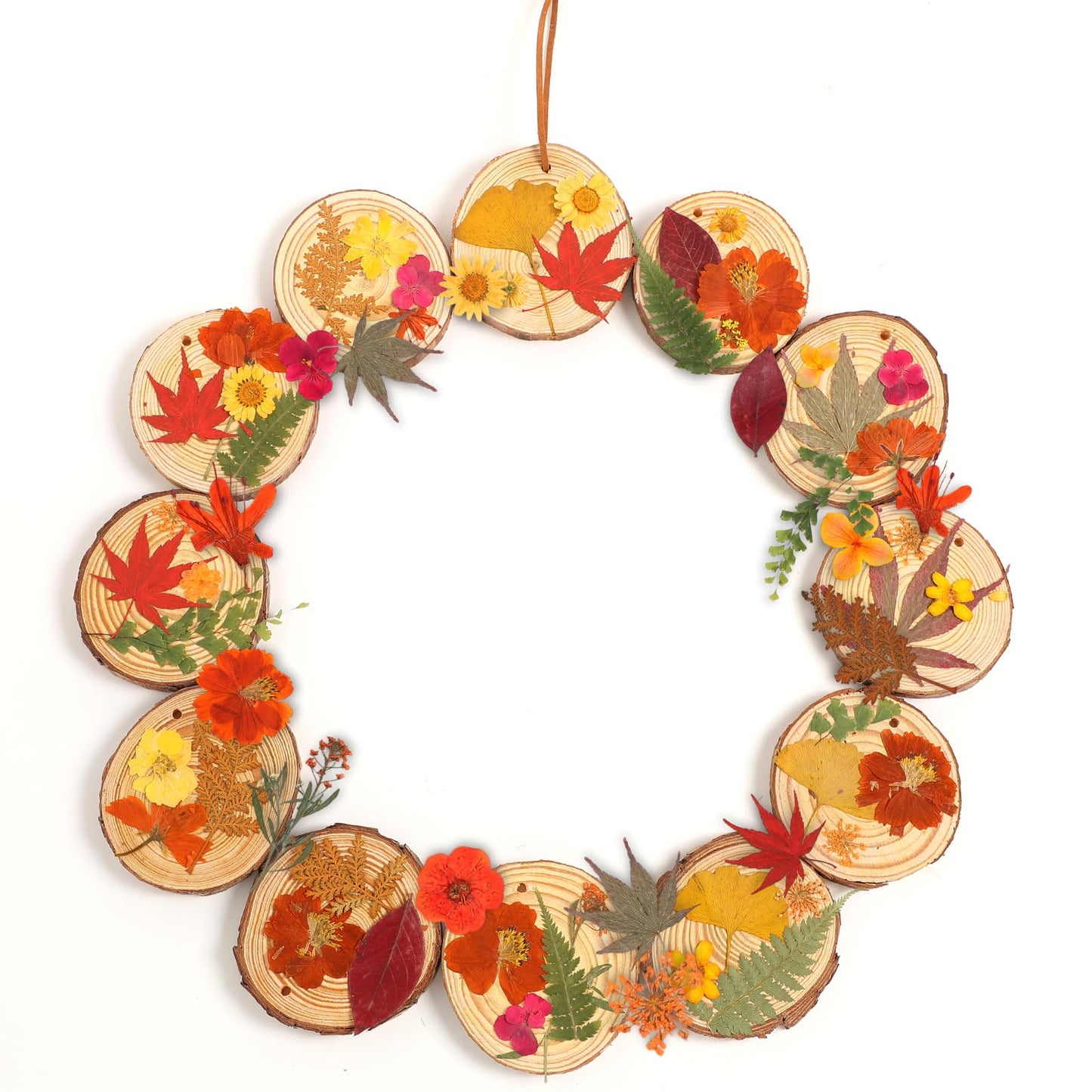Maasechs 20 Set Spring DIY Wooden Crafts with Dried Pressed Flowers Leaves Unfinished Wood Slices Hanging Ornaments for Art Project Craft Wedding Home Decoration Gifts(Warm)