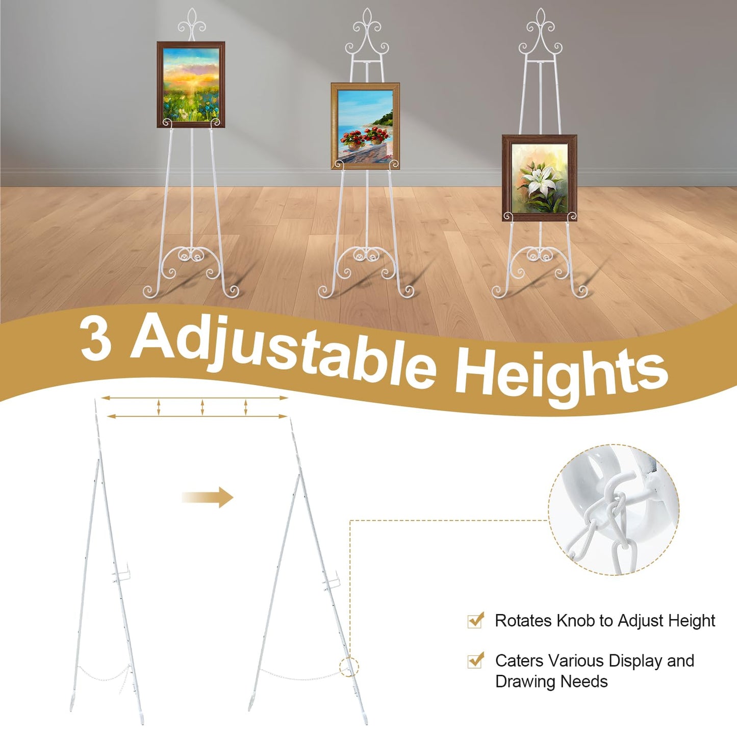Tosstuki White Easel Stand for Sign Adjustable Wedding Welcome Sign Stand Metal Floor Easel with Chain Support for Wedding Poster Photo Art Pictures Painting Display (61 Inch)