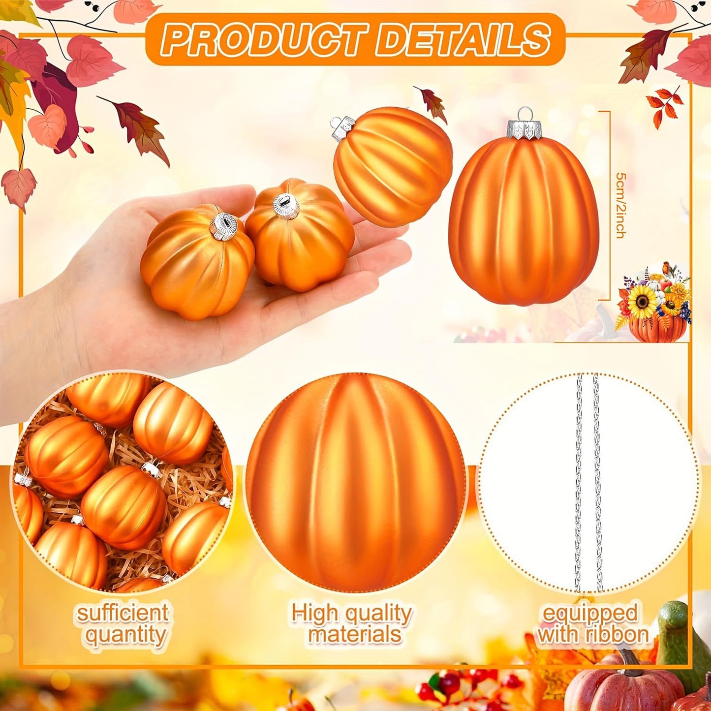 Pinenjoy 24Pcs Orange Pumpkin Hanging Ornament 2 Inch Mini Pumpkin Ball Fall Harvest Decoration for DIY Crafts Thanksgiving Halloween Christmas Tree Autumn Party Table Home Decor