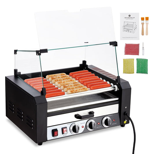 ACONEE Hot Dog Roller, 9 Rollers 24 Hot Dogs Capacity 1650W Stainless Sausage Grill Cooker Machine with Removable Oil Drip Tray Dual Temp Control and Glass Hood Cover, Perfect for Commercial and Party