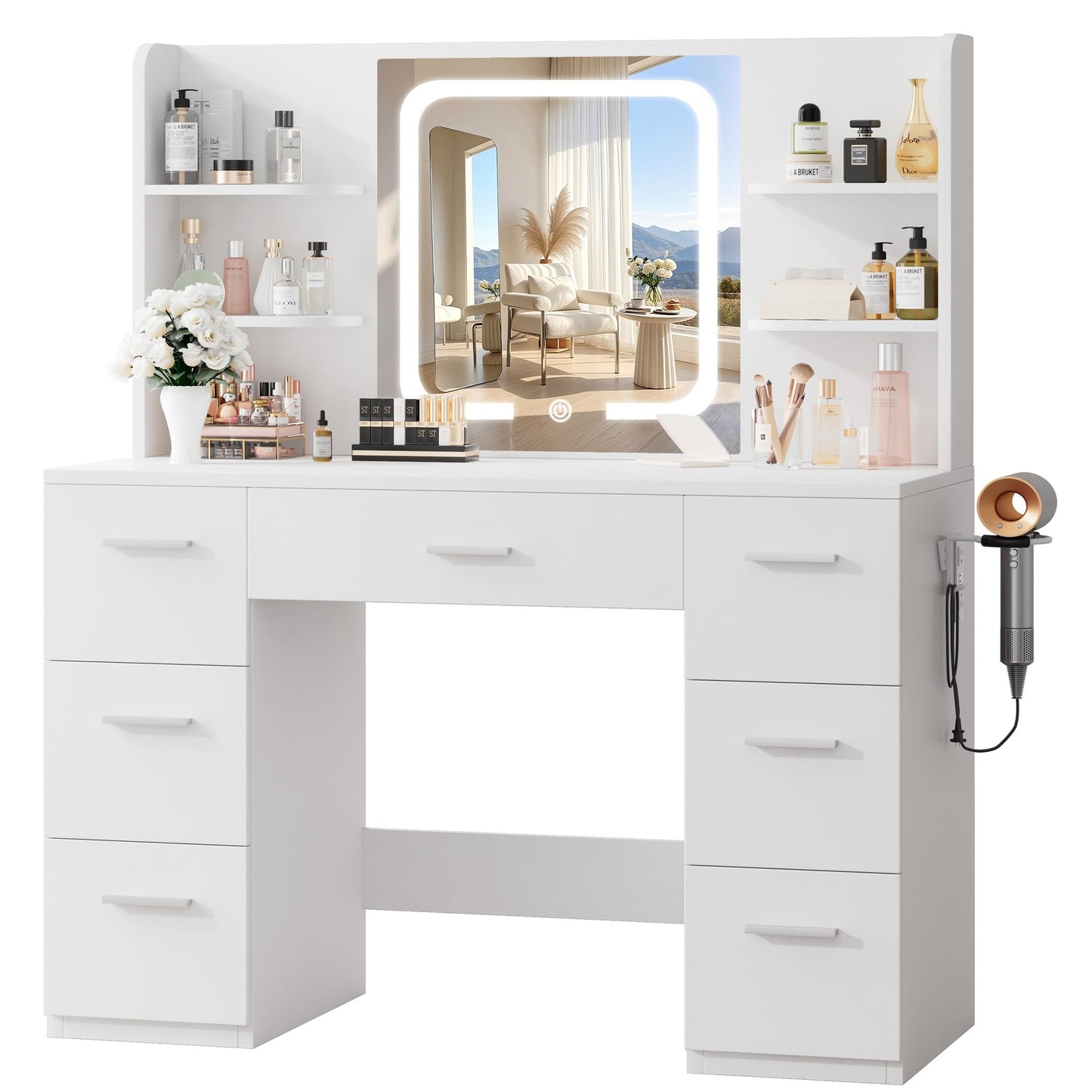 LIVELYGLOW White Large Makeup Vanity Desk with Smart LED Mirror & Power Station, 43" Professional Dressing Table with 7 Drawers, 4 Open Shelves & Hairdryer Holder for Bedroom