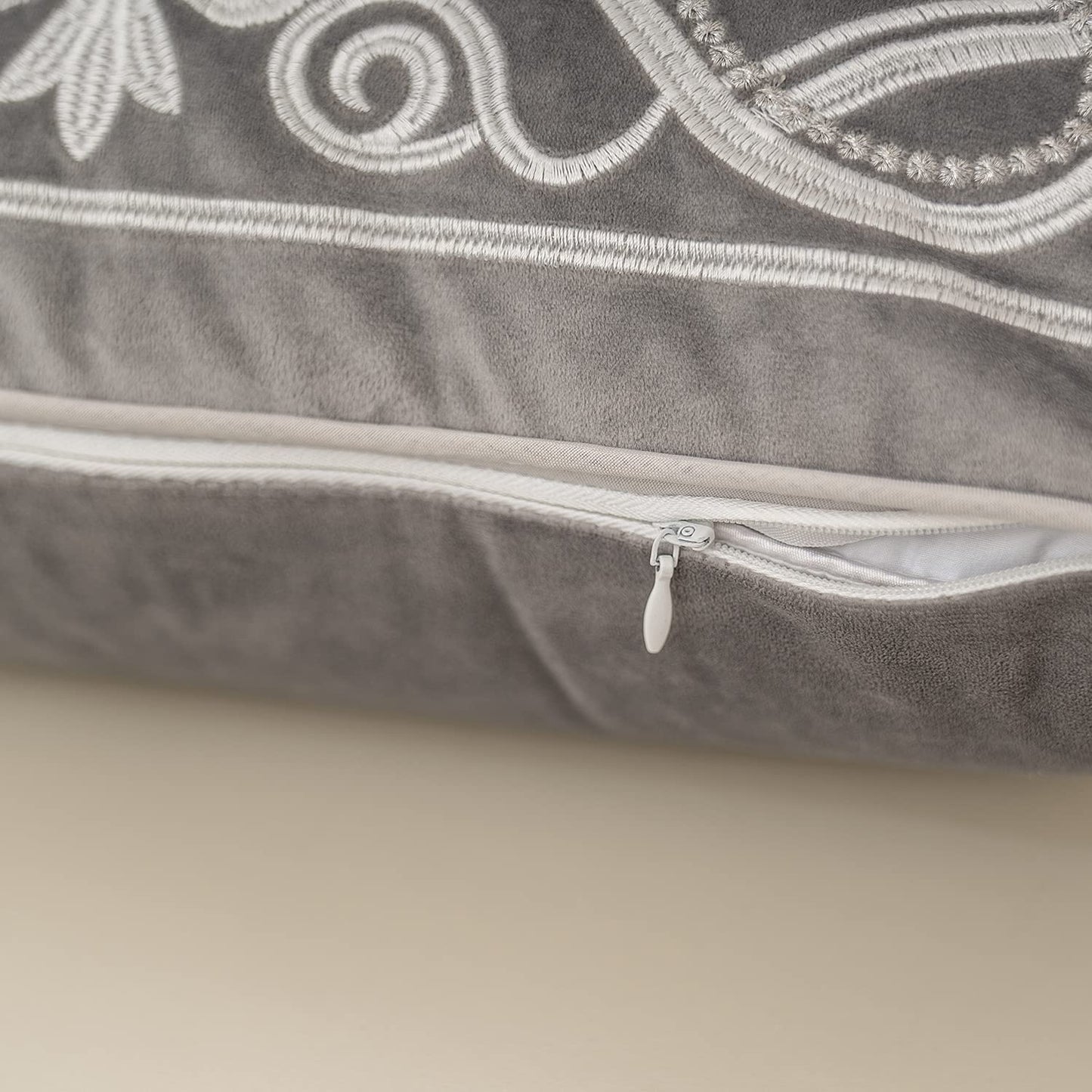 Aeckself European Floral Pillow Cover 18x18 Inch, Luxury Velvet Embroidered Decorative Throw Pillow Cover for Couch Bedroom Living Room, Grey and White
