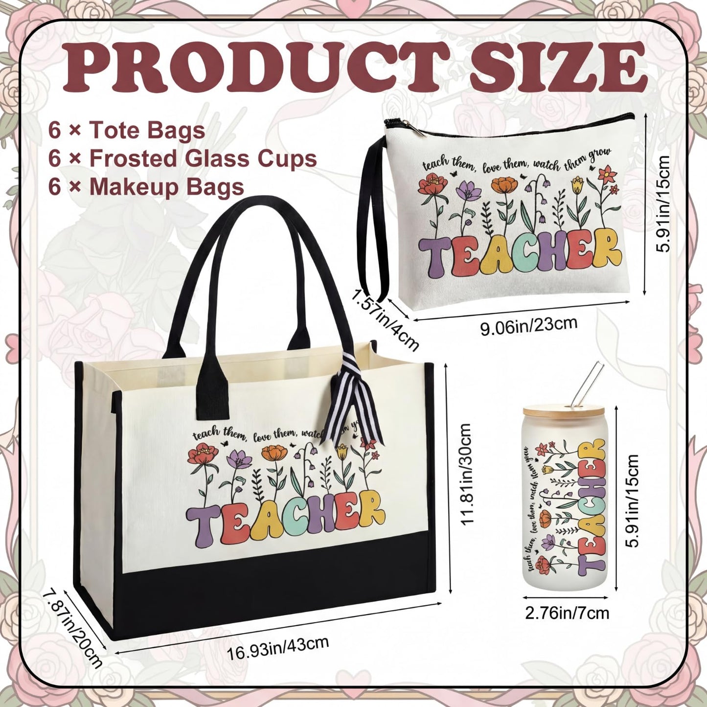 Sanwuta 6 Sets Teacher Appreciation Gifts for Women Thank You End of Year Teacher Gifts Set Include Tote Bag, Makeup Bag & 16oz Glass Cup for Employee Women Graduation Birthday School Office Supplies