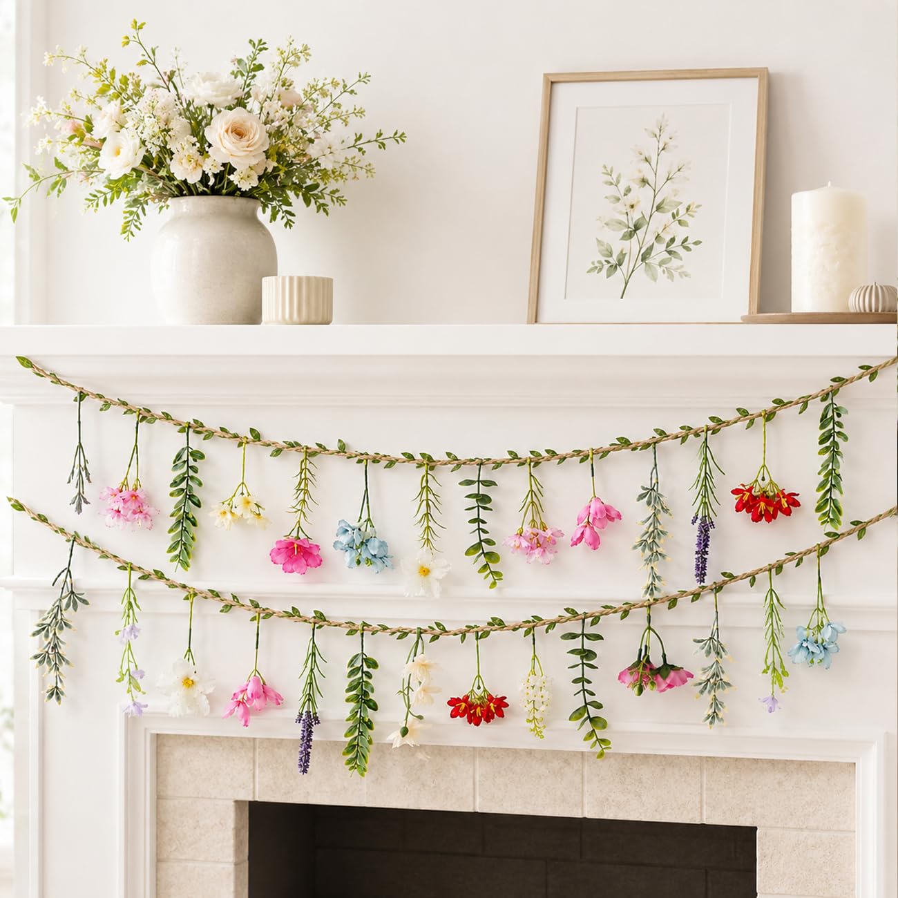 2 PCS 6.5ft Artificial Flower Banner Wildflower Garland Hanging Flowers for Garden Birthday Wedding Tea Party Bridal Shower Home Spring Supplies(Hemp Rope)