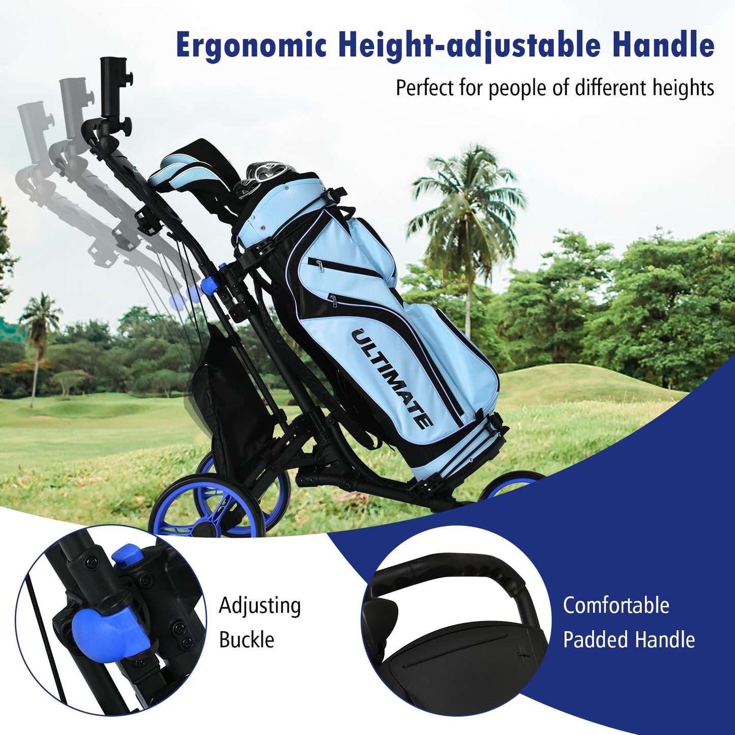 ULTIMATE 3 Wheel Golf Push Cart, Aluminum Folding Golf Walking Push Cart w/Elastic Strap, Umbrella & Cup Holder, Scoreboard Storage, Insulated Storage Bag, Adjustable Handle & Foot Brake (Blue)