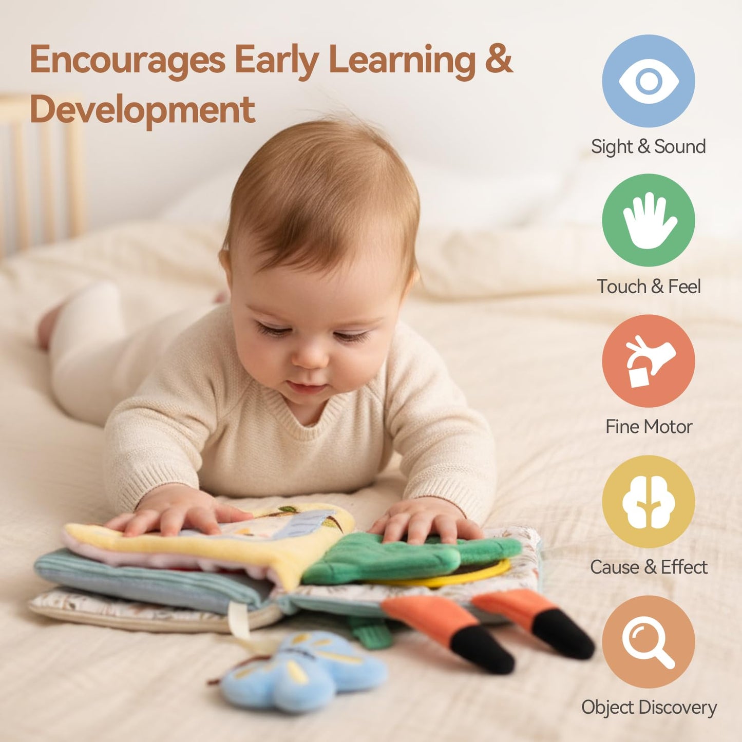 Macabaka Montessori Soft Baby Book - Sensory Book for Babies 0-12 Months with Crinkle Paper, Touch & Feel Textures, Baby Safe Mirror & Teether. Educational Infant Toys for Tummy Time, Newborn