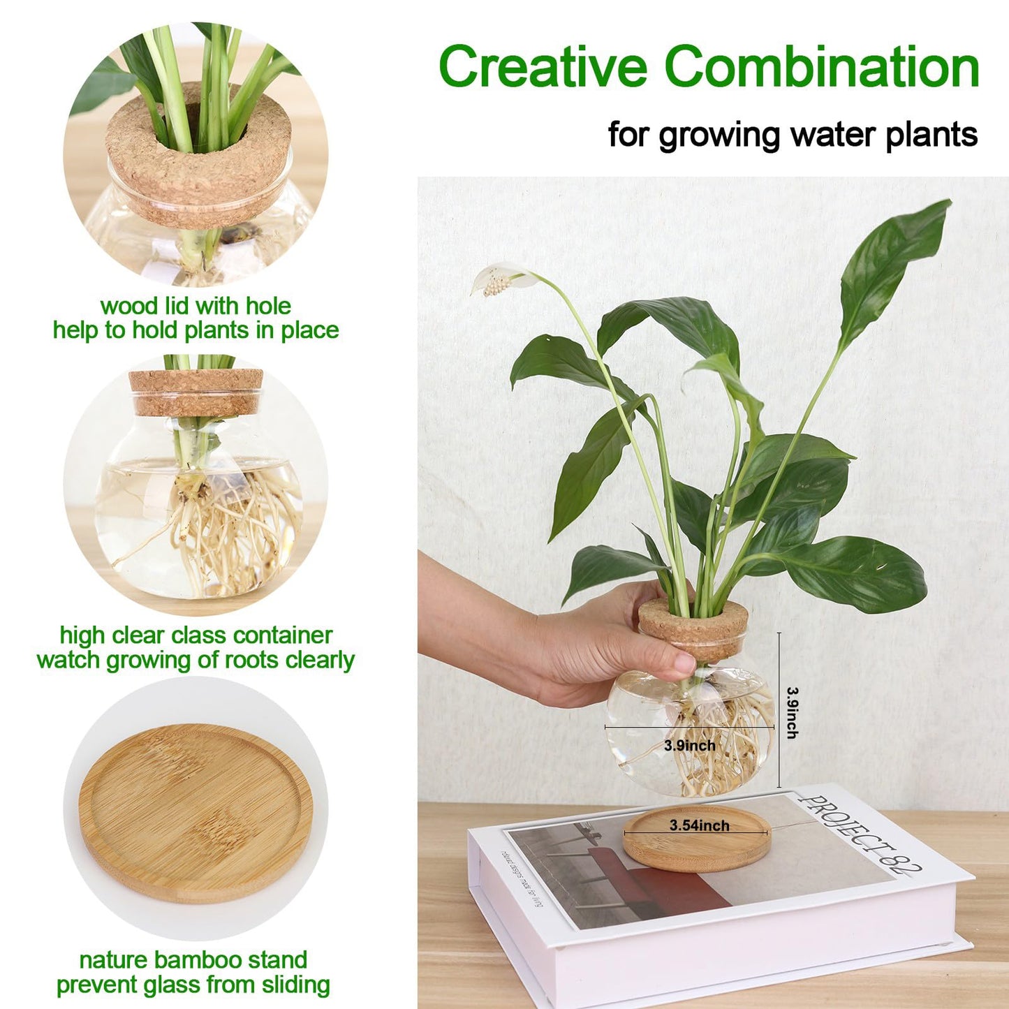 CHPINDAM Plant Propagation Station,Hydroponic Glass Container Vase Jars, with Wooden Saucer for Desks, Houses, Garden Decorations, Home Kitchen Decorations and Gifts for Plant Lovers (6)