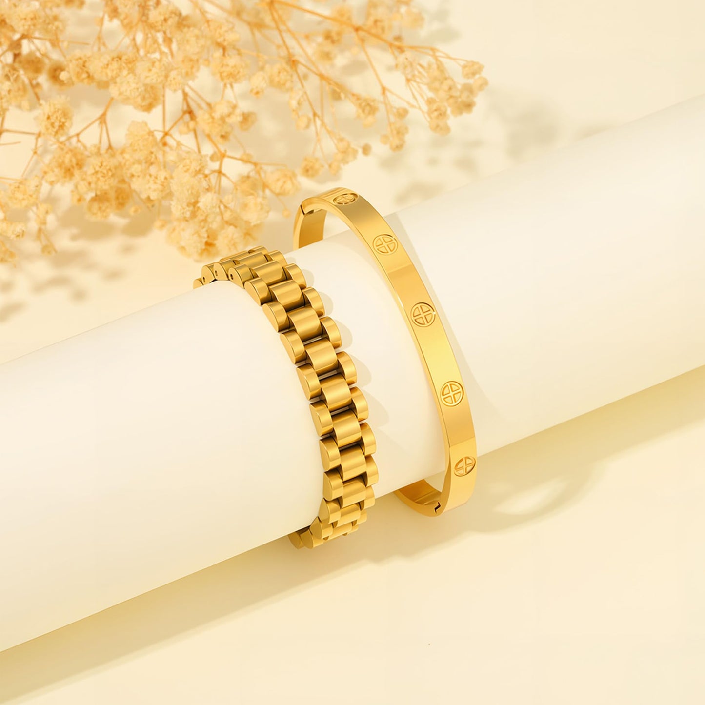 2PCS Gold Chain Link Watch Bracelet Set,18K Gold Plated Stackable Bracelets for Women,Stainless Steel Jewelry with Adjustable Tool, Non-Tarnish Friendship Love Bracelet Gift for Her. (2pcs-B Gold)
