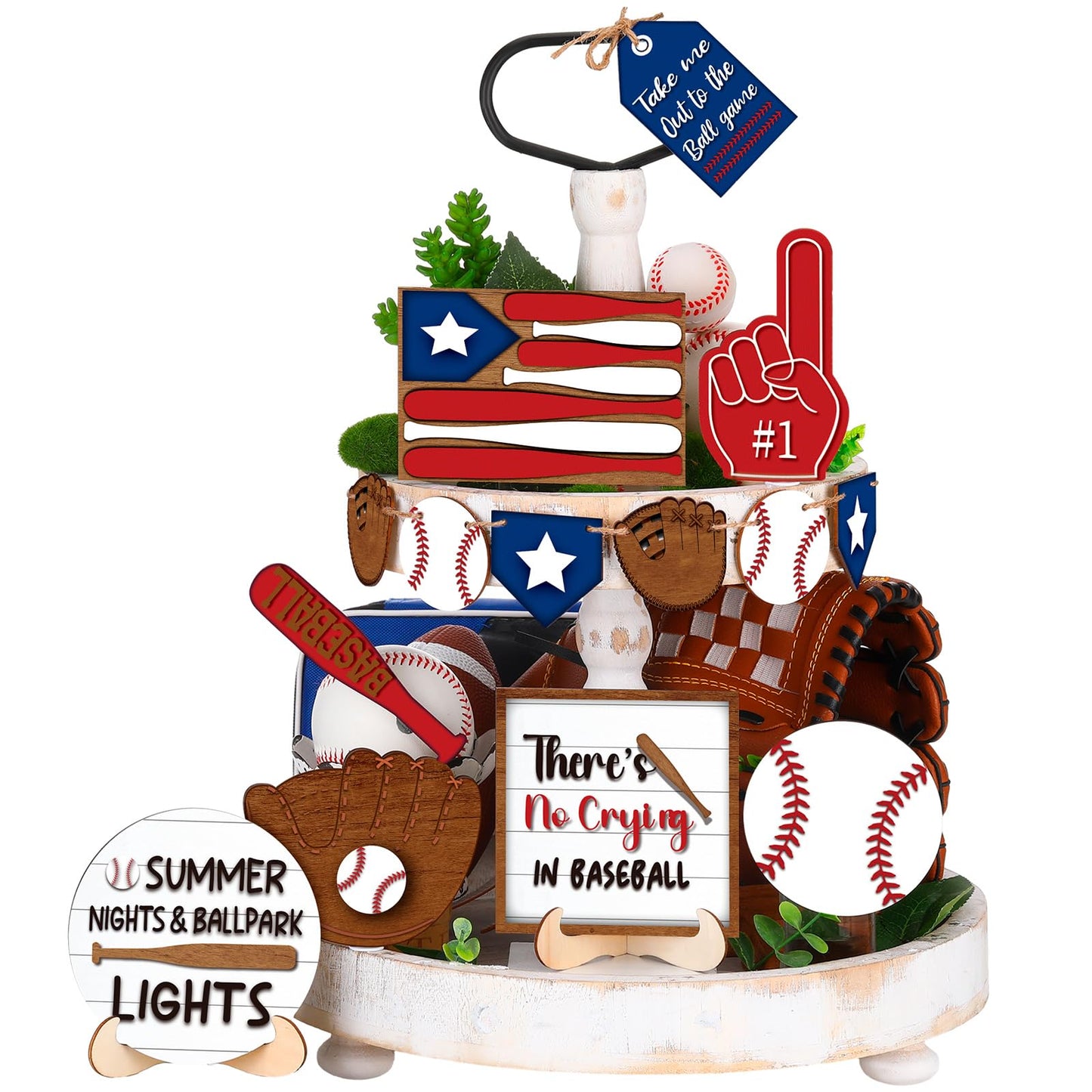 FairySandy 13 Pcs Baseball Tiered Tray Decor Wooden Baseball Table Centerpieces Decor Rustic Wooden Sport Game Sign for Fans Theme Party Supplies